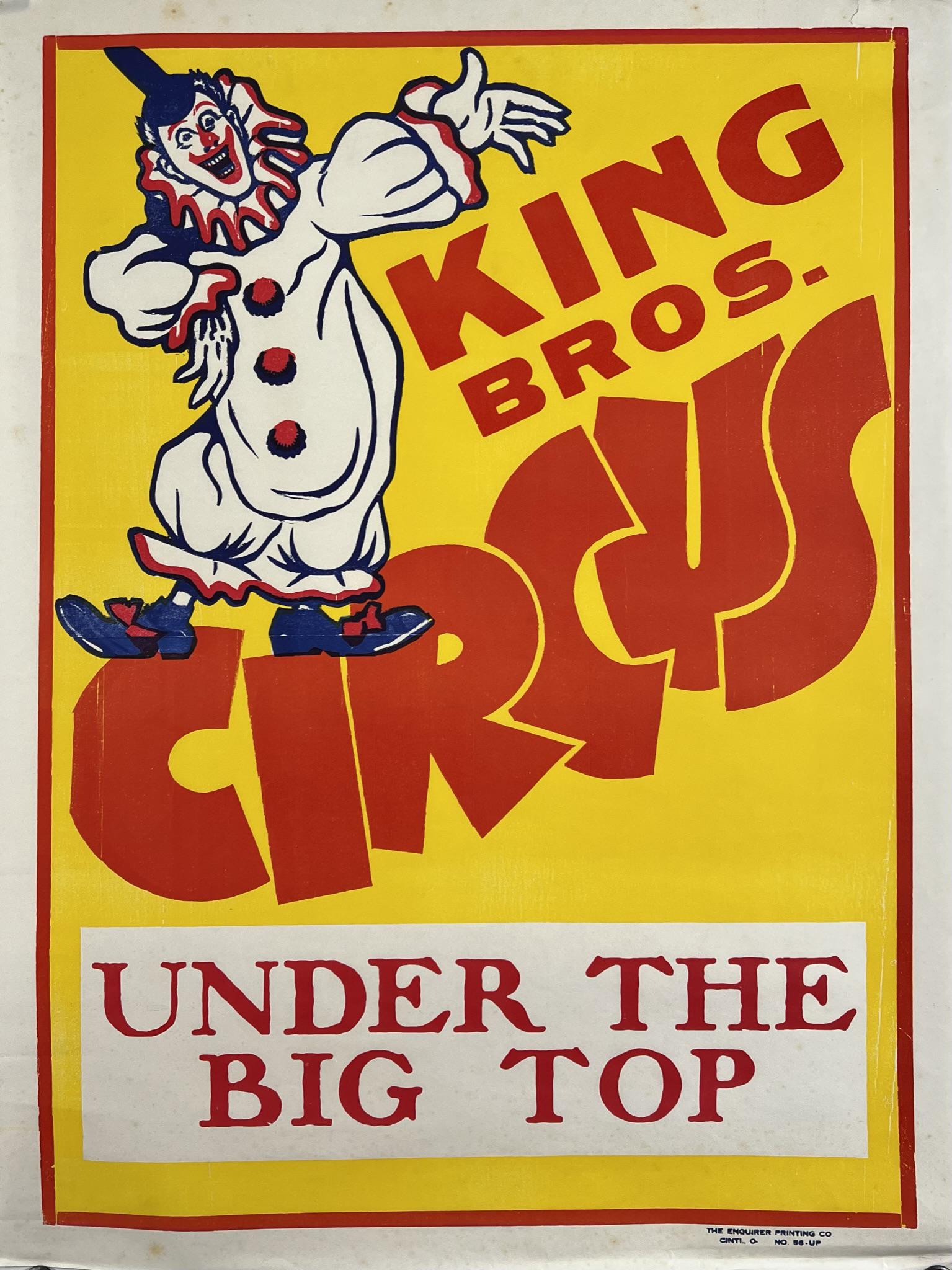 KING BROS. CIRCUS POSTER: HALF SHEET, ENQUIRER PRINTING CO. CORNER WEAR. 21"X28"