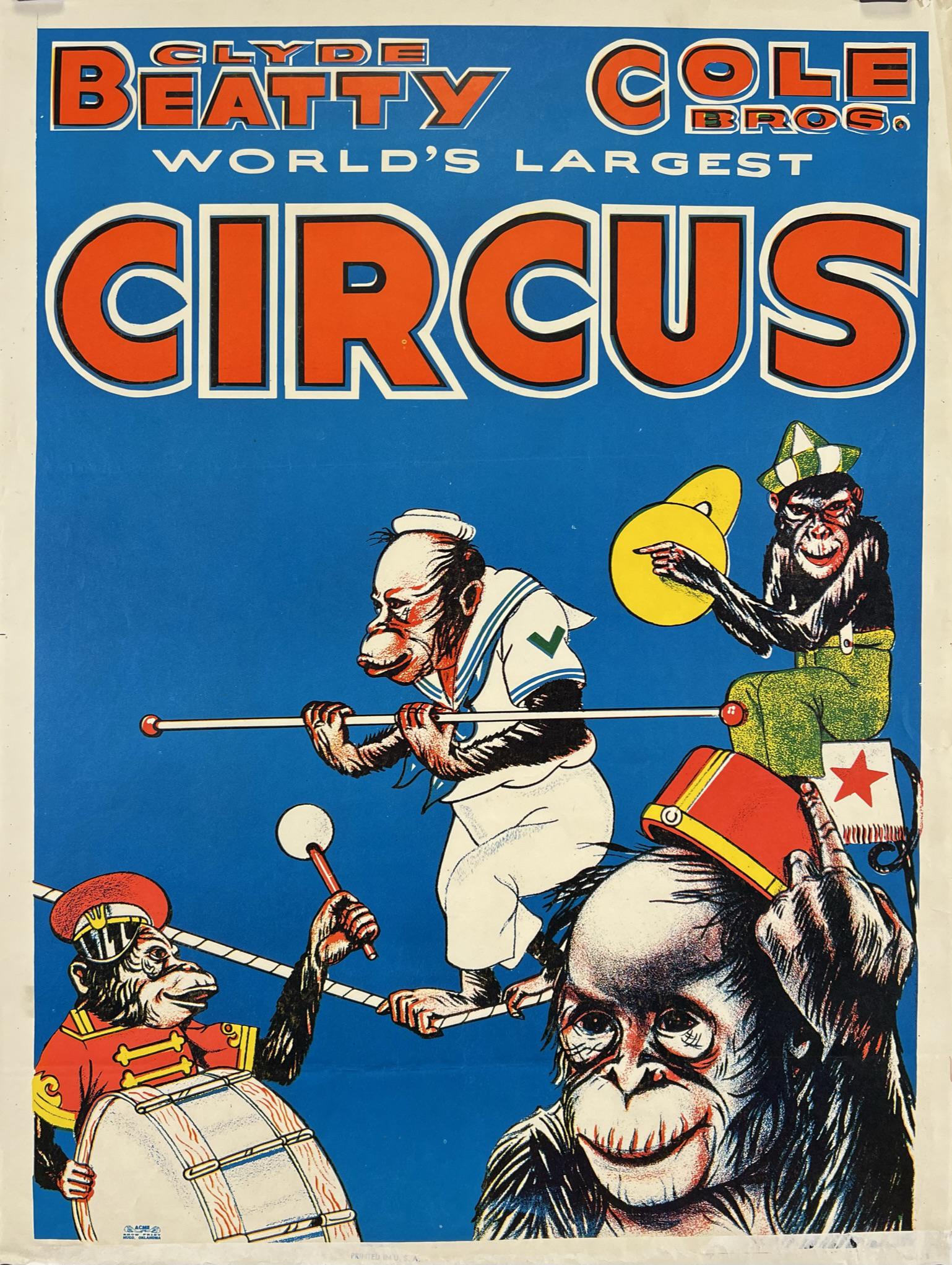 CLYDE BEATTY COLE BROS. CIRCUS POSTER: HALF SHEET, ACME PRINTING. 21"X28"