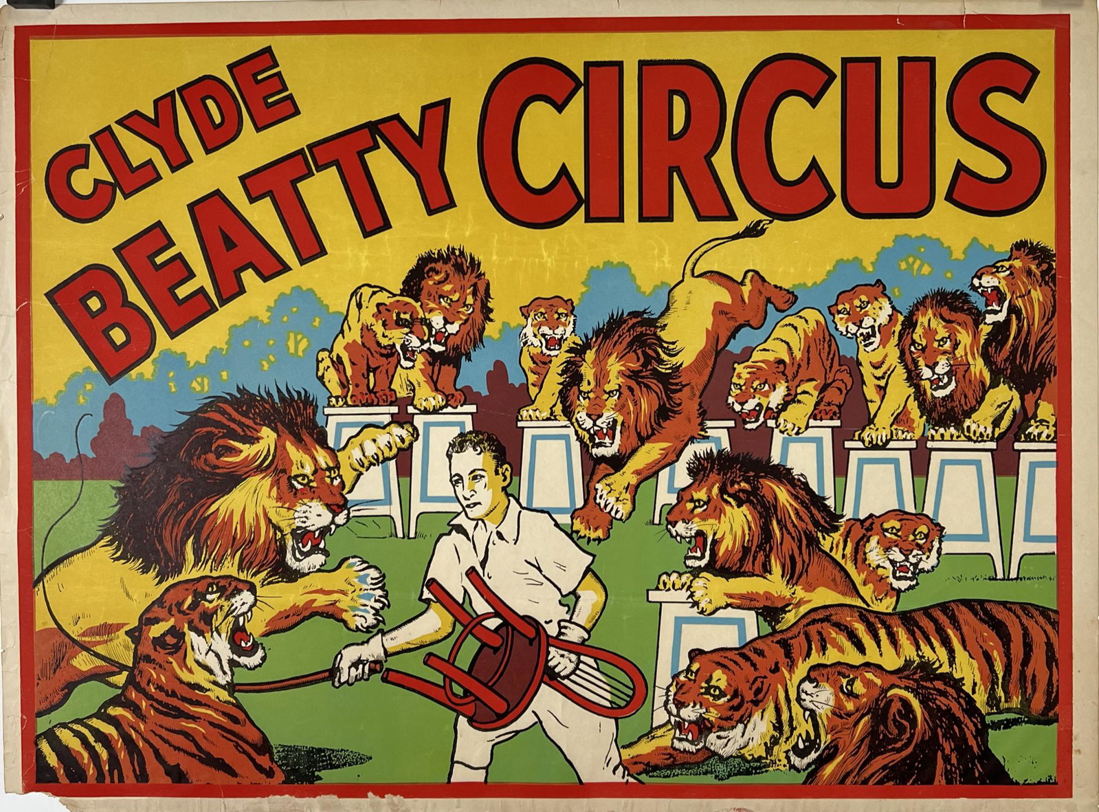 CLYDE BEATTY COLE BROS. CIRCUS POSTER: HALF SHEET, REMNANTS OF DATE TAIL. TAPE ON VERSO, LOSS AT CORNER. 21"X28"