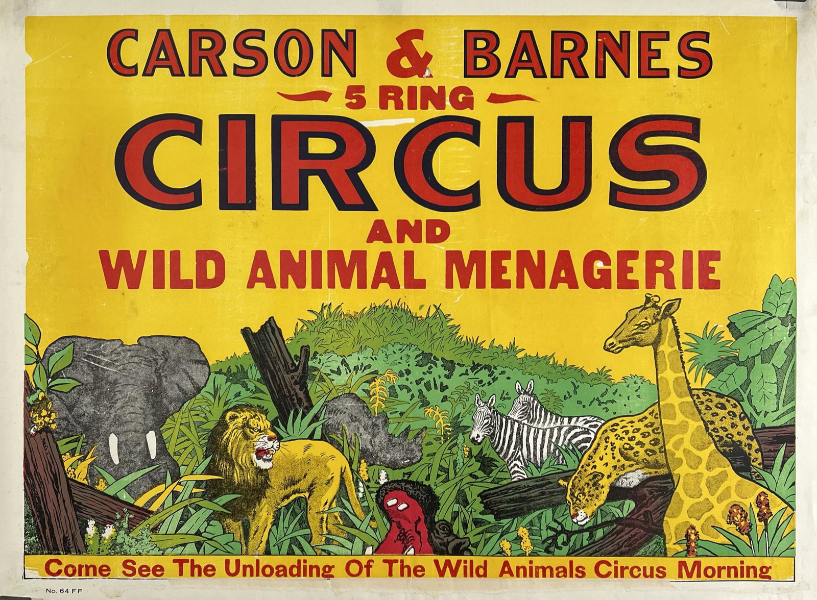 CARSON AND BARNES CIRCUS POSTER: HALF SHEET, REMNANTS OF DATE TAIL. 21"X28"