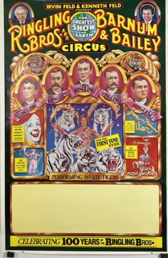 RINGLING BROS. BARNUM BAILEY CIRCUS POSTER: ONE SHEET, CELEBRATING 100 YEARS OF THE RINGLING BROS. CIRCUS, 1984. EXCELLENT. 28"X42"
