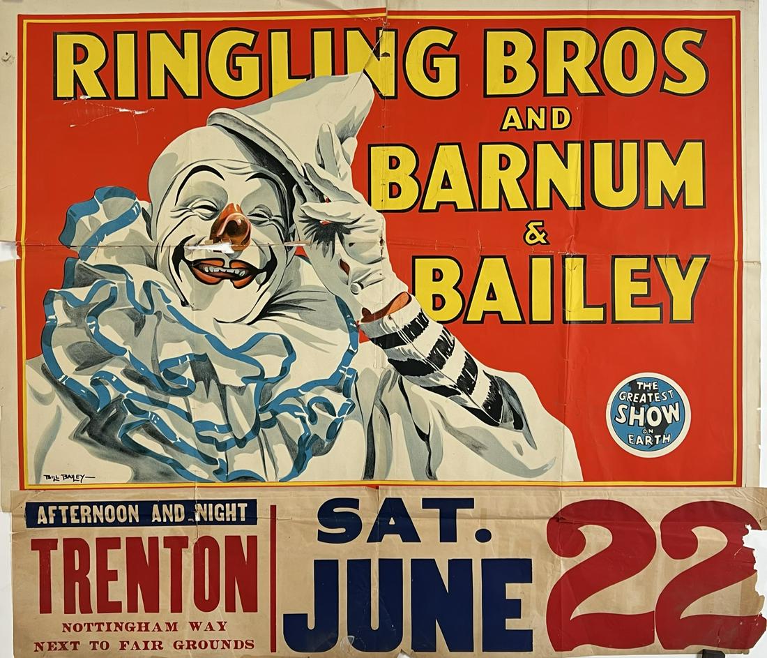 RINGLING BROS. BARNUM BAILEY CIRCUS POSTER: ONE SHEET WITH DATE TAIL, 1946. FOLDS, LOSS AND TEARS AT FOLDS. 36"X41"