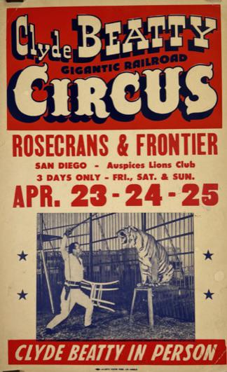 CLYDE BEATTY CIRCUS WINDOW CARD: CURLING, EDGE WEAR. 14"X22"