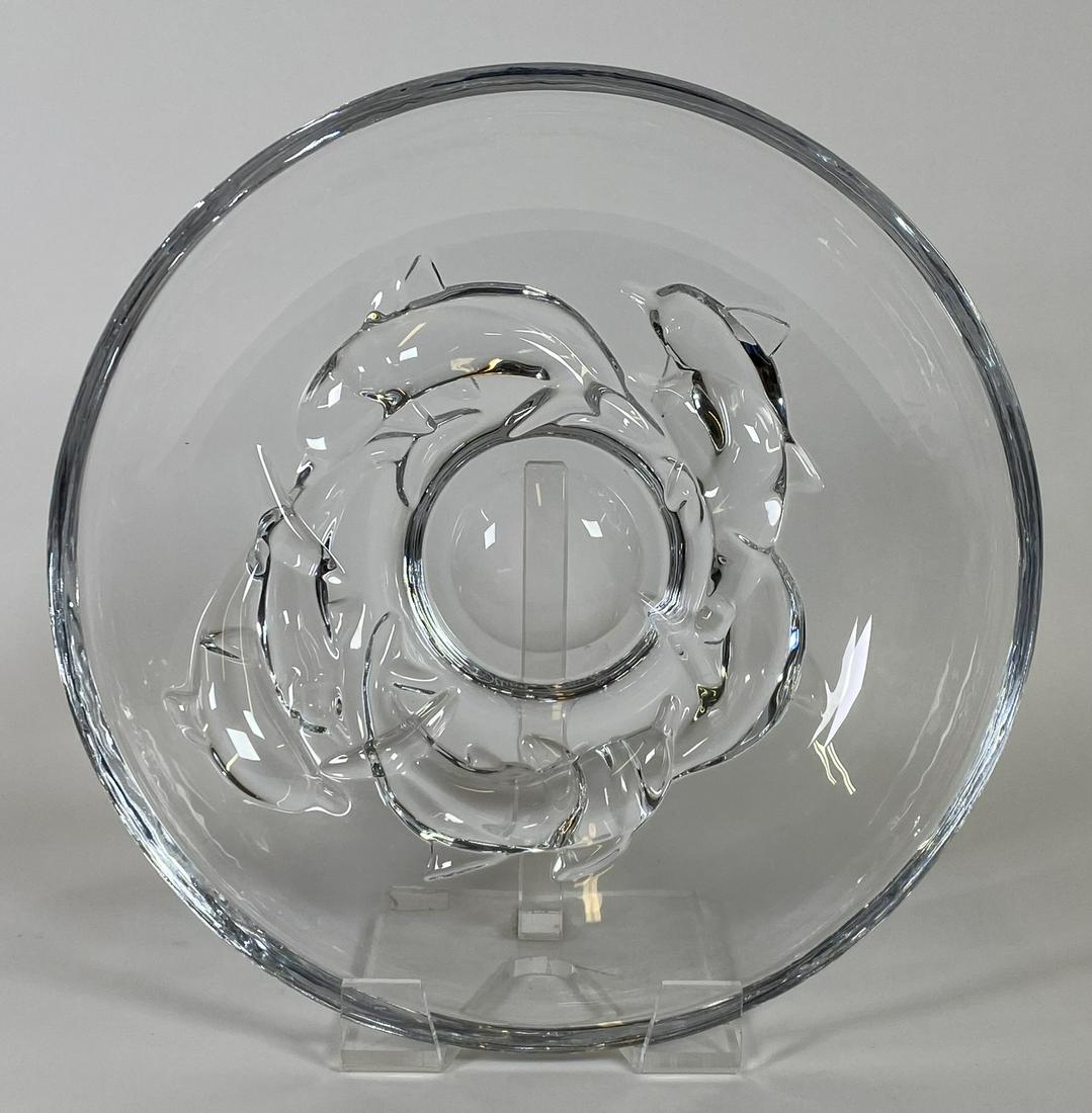 DAUM - FRANCE, ART GLASS BOWL: DOLPHIN MOTIF, ART GLASS CONSOLE BOWL, SIGNED. 14"