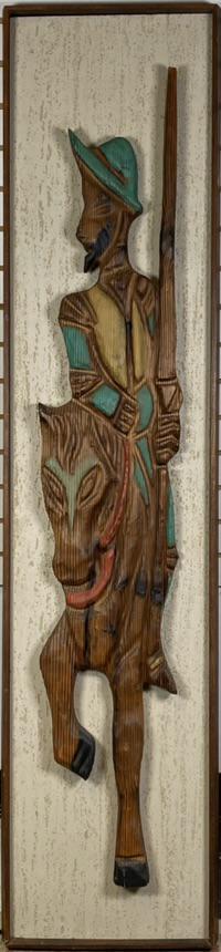 WITCO MID-CENTURY ART WORK: WOOD CARVED AND PAINTED HORSEMAN ON MASONITE BOARD, FRAMED, 16"X70"