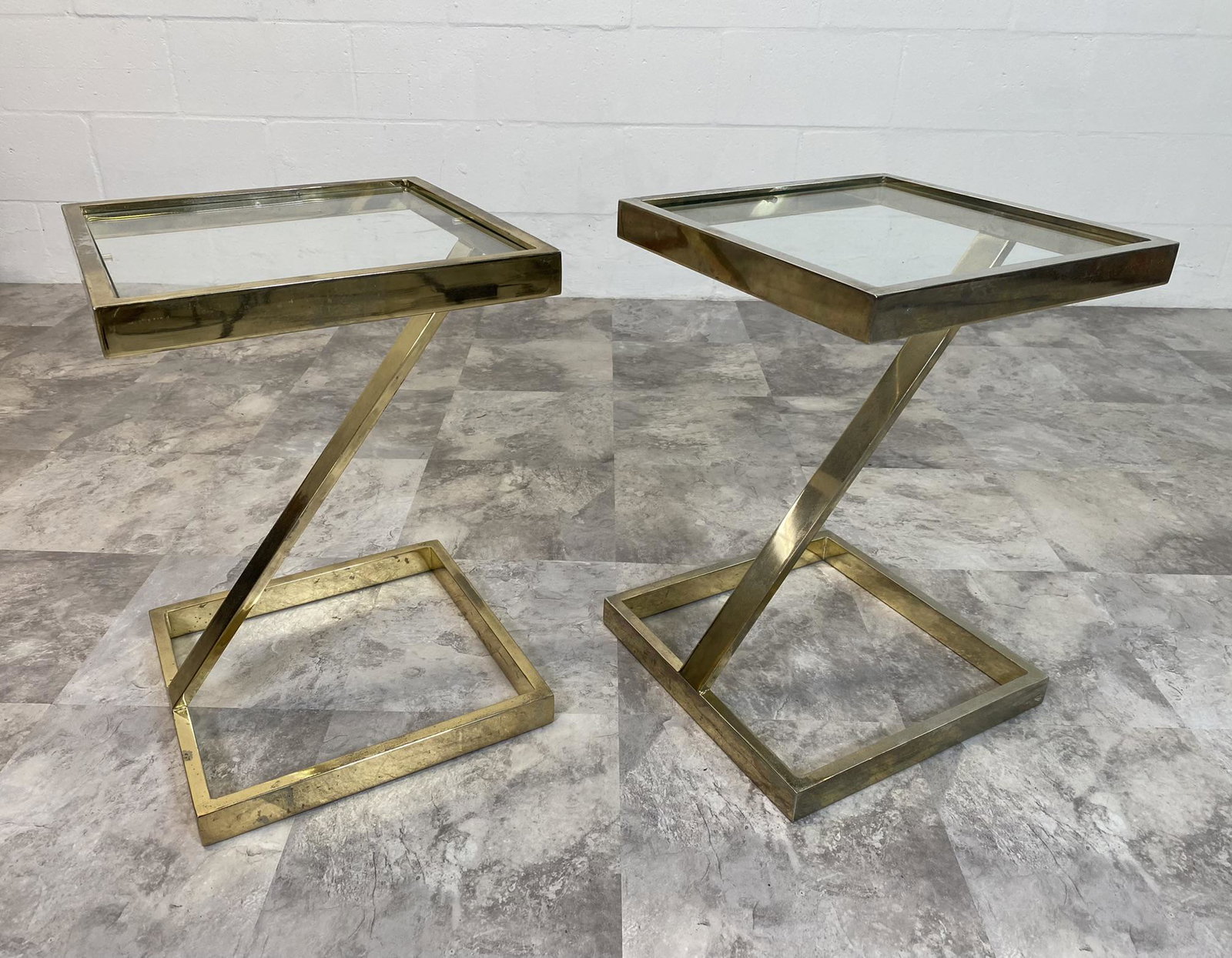 PAIR OF BRASS-TONED Z-TABLES: TOP 14", 20"H