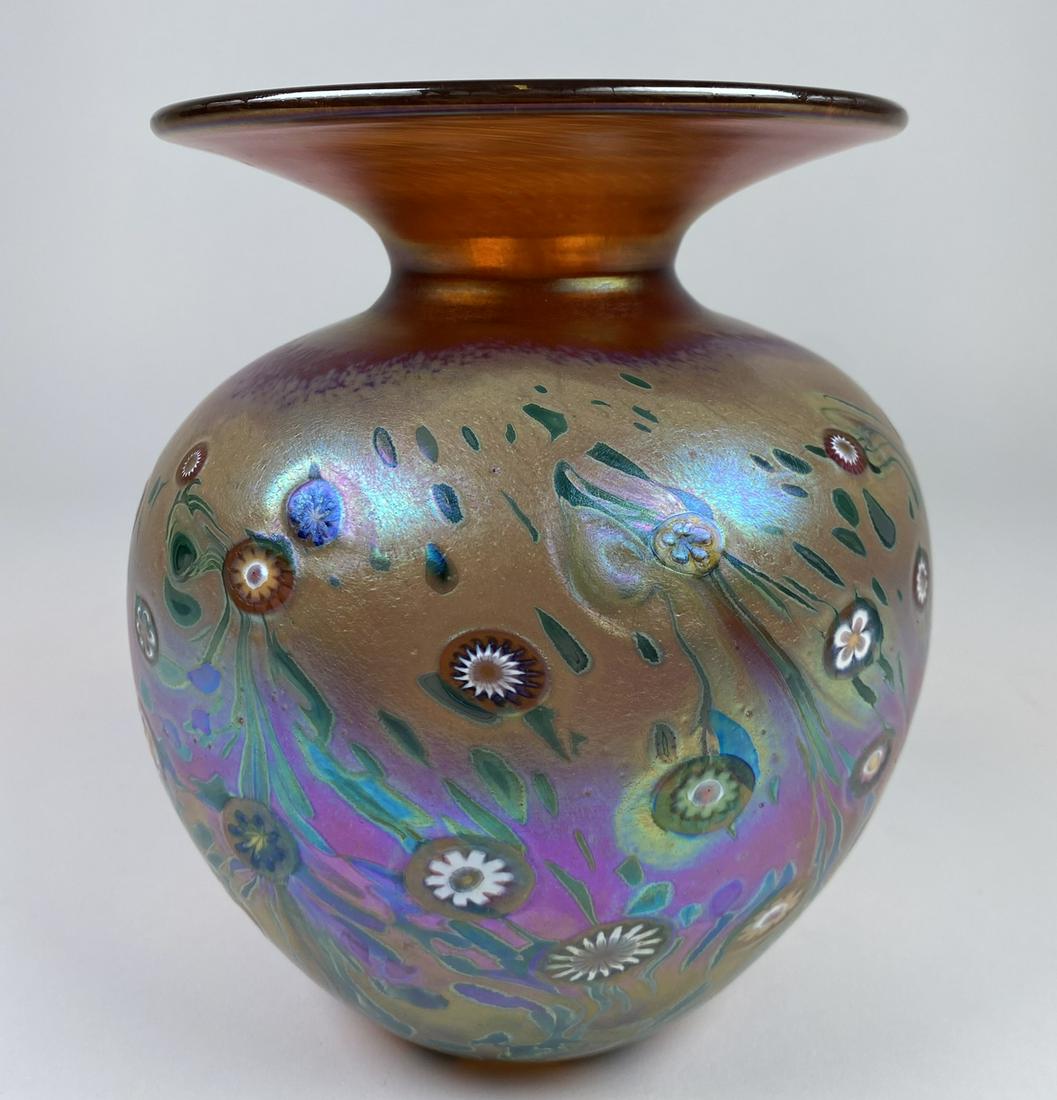 AURORA "MONET" VASE - HANSON: KEN AND INGRID ART GLASS VASE. 7"H