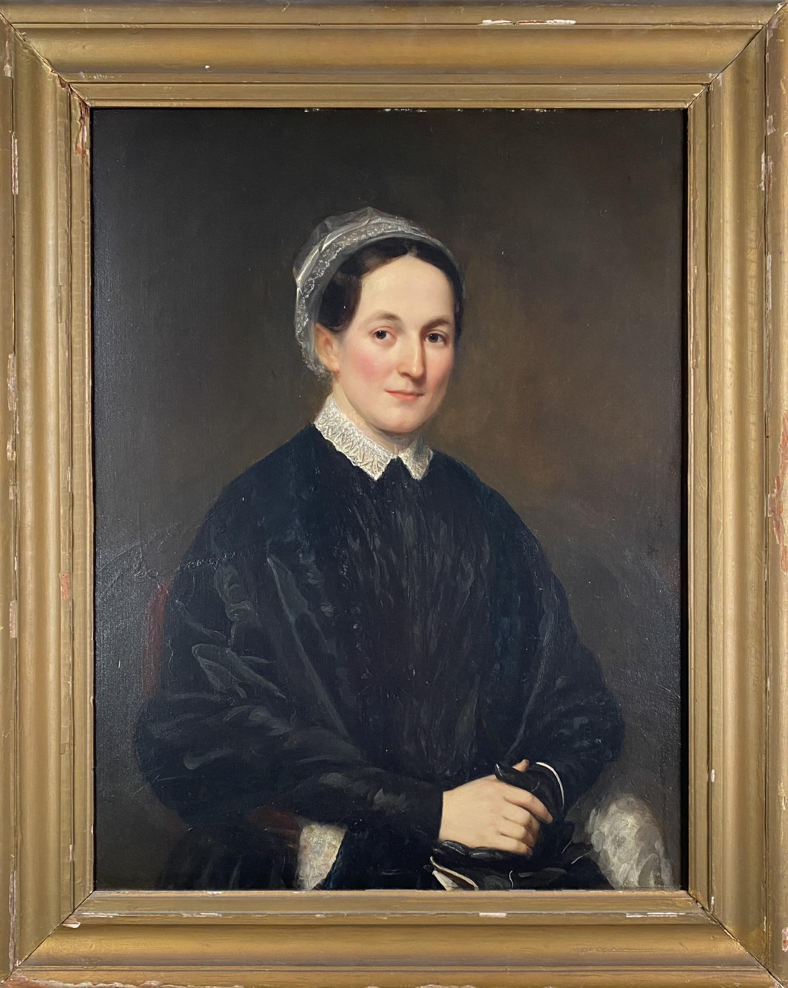 AMERICAN SCHOOL PORTRAIT PAINTING: A FINE AMERICAN SCHOOL PORTRAIT PAINTING DATED 1822 OF A JULIA CAMP MEADE, IN BLACK DRESS WITH WHITE LACE COLLAR AND ONE HAND IN GLOVE. C.1880. NO VISIBLE SIGNATURE. FRAME WITH SOME PAINT FINISH LOSS.