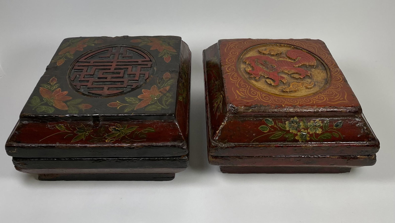 PAIR - ANTIQUE CHINESE BOXES: SHANXI ORIGINALS, ELM WOOD. CERTIFICATES INCLUDED. 14"X14"X7.5"