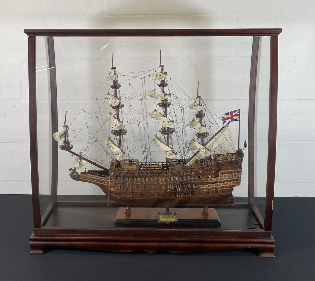 SOVEREIGN OF THE SEAS, 1637 SHIP MODEL: A LARGE EXAMPLE, IN DISPLAY CABINET, SMALL CHIP IN OUTER CASE. 34"X32"X12"