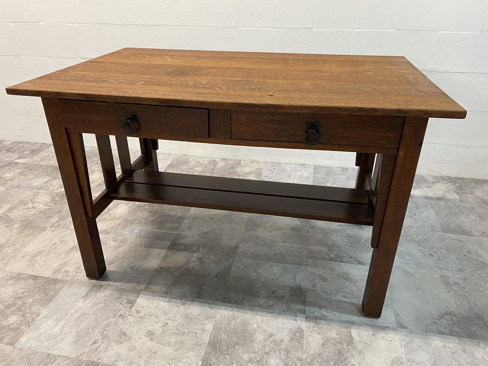 STICKLEY BROS. FOR QUAINT FURNITURE DESK: LABELED, OAK, GOOD VINTAGE CONDITION. 48"X30"X30"