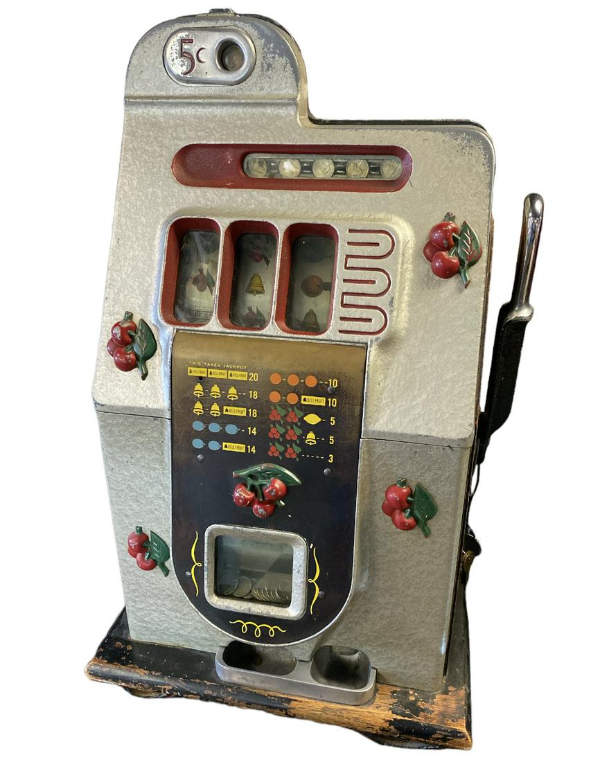 MILLS BLACK CHERRY SLOT MACHINE: 1940'S MILLS BLACK CHERRY 5-CENT SLOT MACHINE. UNIT HAS BEEN SERVICED AND IS FULLY FUNCTIONAL. INCLUDES ORIGINAL MILLS KEYS. ORIGINAL PAINT AND CASE FINISH.