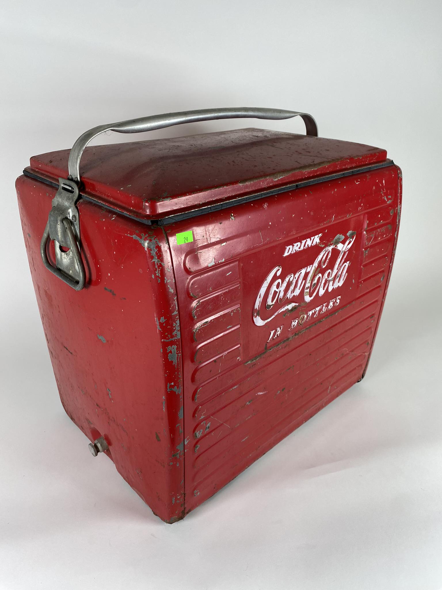 ADVERTISING - COCA-COLA COOLER BY ACTION: ORIGINAL VINTAGE COCA-COLA COOLER BY ACTION, LATCHING HANDLE, DRAIN. NO INNER TRAY. HAS PAINT LOSS AND LOWER PORTION WITH RUST AND LOSS AS SHOWN. 17"X12"X18"