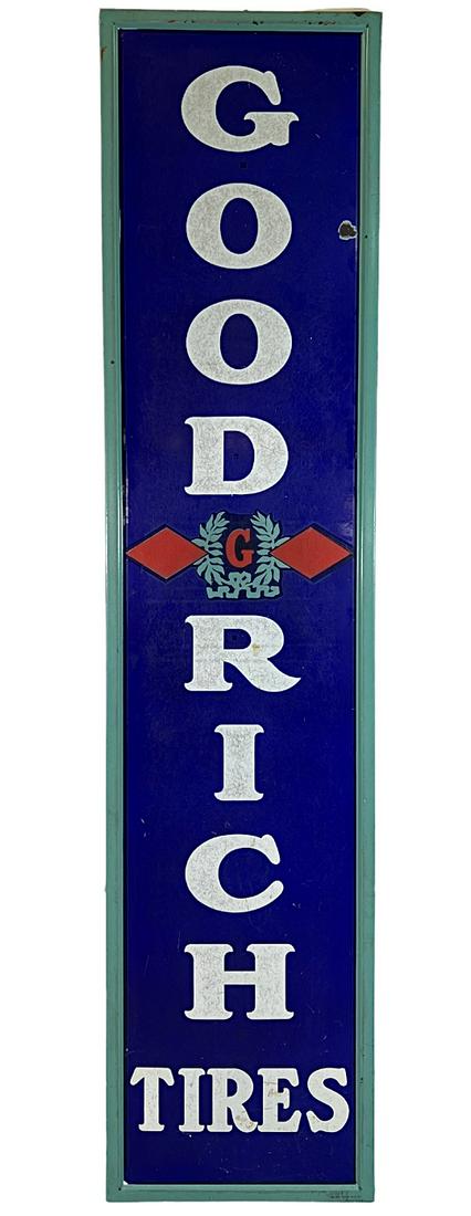 ADVERTISING - GOODRICH TIRES SIGN: ORIGINAL PORCELAIN GOODRICH PORCELAIN SIGN. SELF-FRAMED. FINE SCRATCHES AND SCATTERED CHIPS. VERY ATTRACTIVE VERTICAL SIGN. 18"X78"