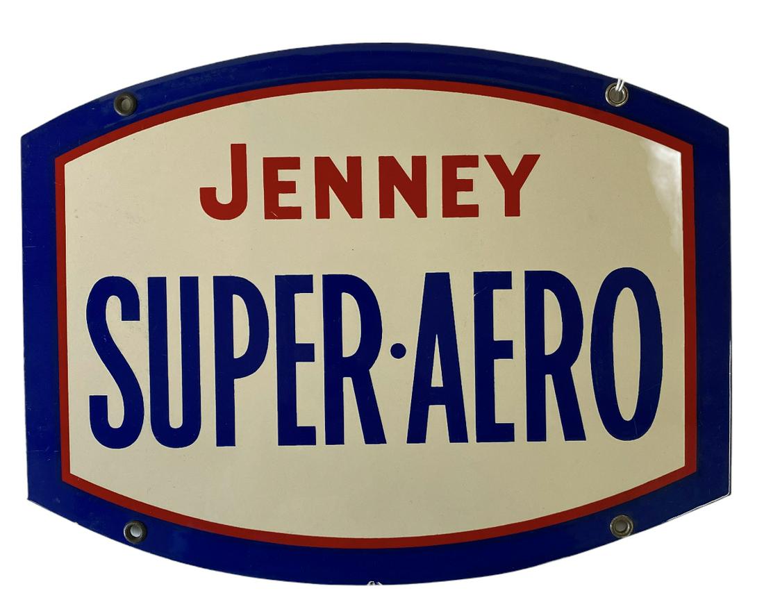 ADVERTISING - RARE JENNEY SUPER AERO SIGN: ORIGNAL, NEW OLD STOCK, UNMOUNTED GAS PUMP PLATE FOR JENNEY SUPER-AERO AVIATION FUEL. PORCELAIN. A VERY MINOR CHIP IN THE EXTREME LOWER BORDER. SCARCE.