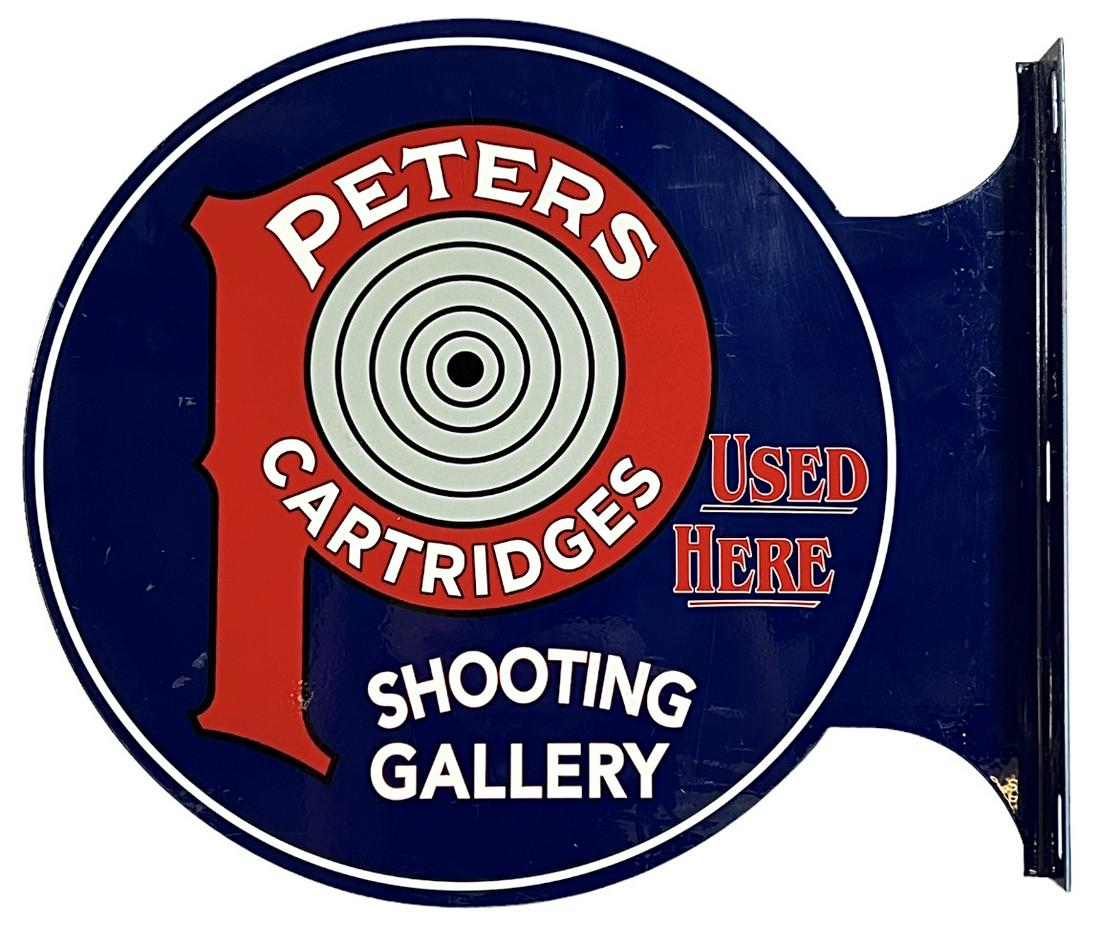 ADVERTISING - PETERS CARTRIDGES FLANGE SIGN: A FINE REPRODUCTION FLANGE SIGN, PORCELAIN/STEEL. TWO SIDED. 17"X15"