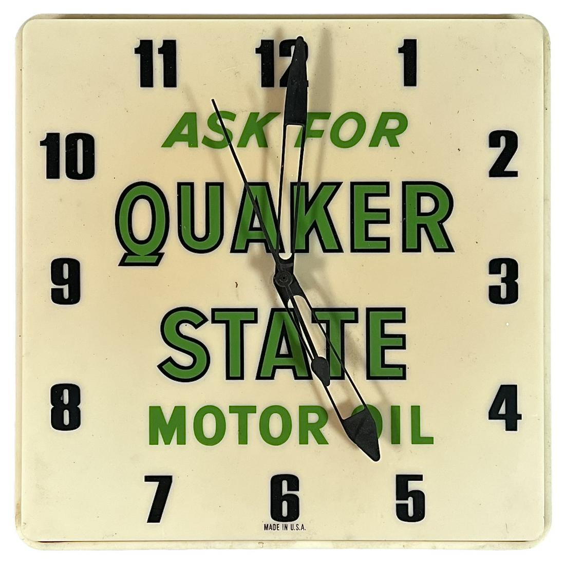 ADVERTISING - QUAKER STATE MOTOR OIL CLOCK: LIT CLOCK IN WORKING CONDITION. EXCELLENT. 15"X16"