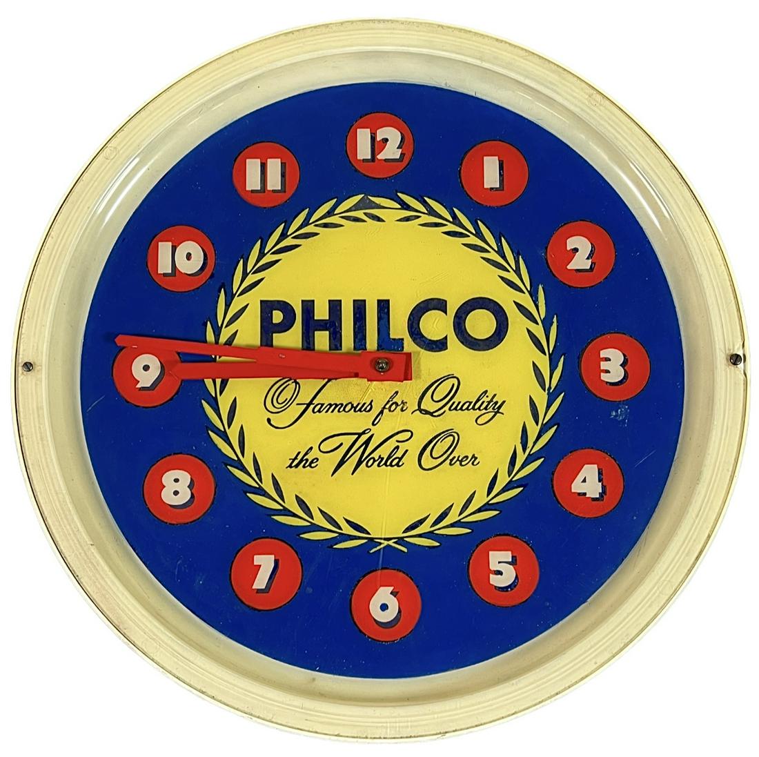 ADVERTISING - PHILCO CLOCK: PHILCO - FAMOUS FOR QUALITY THE WORLD OVER, WALL CLOCK. CLOCK IS RUNNING, NO LAMP. 16"