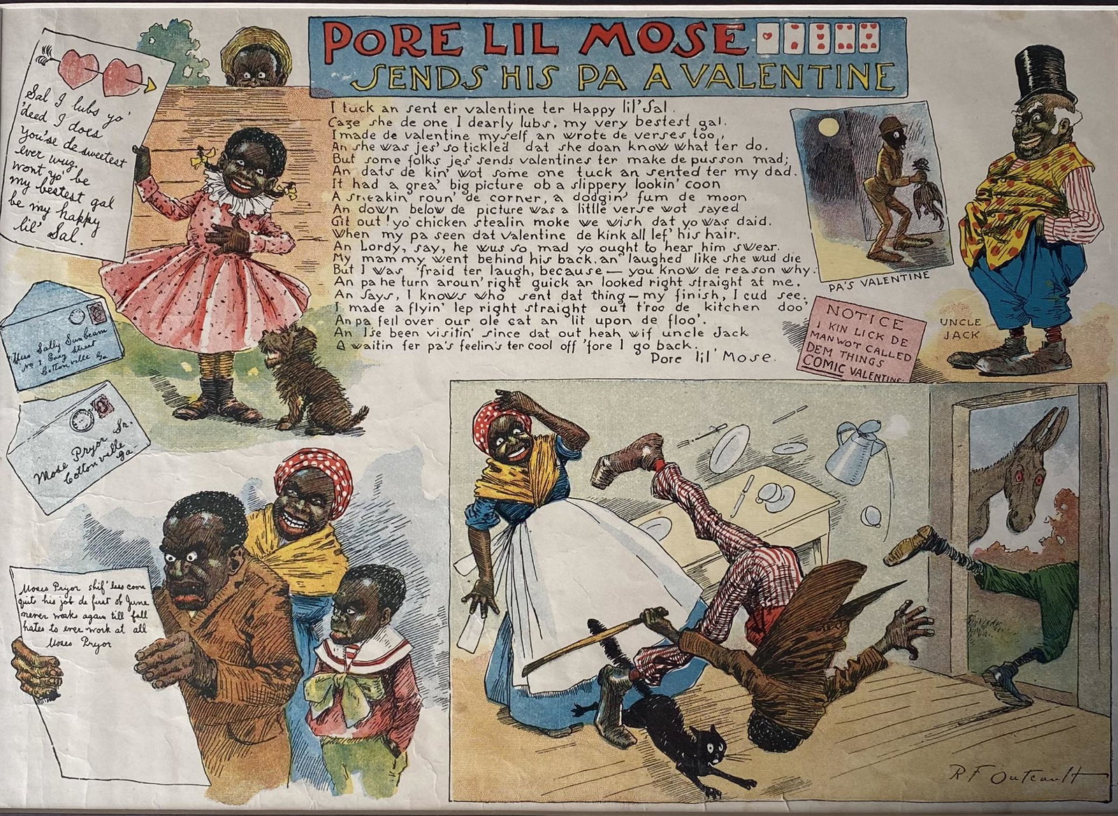BLACK AMERICANA - PORE LIL MOSE: SENDS HIS PA A VALENTINE" COMIC STRIP, RICHARD F. OUTCAULT CREATION, C.1900, NEW YORK HERALD. ON MAT BOARD. IMAGE 10.5"X14.5