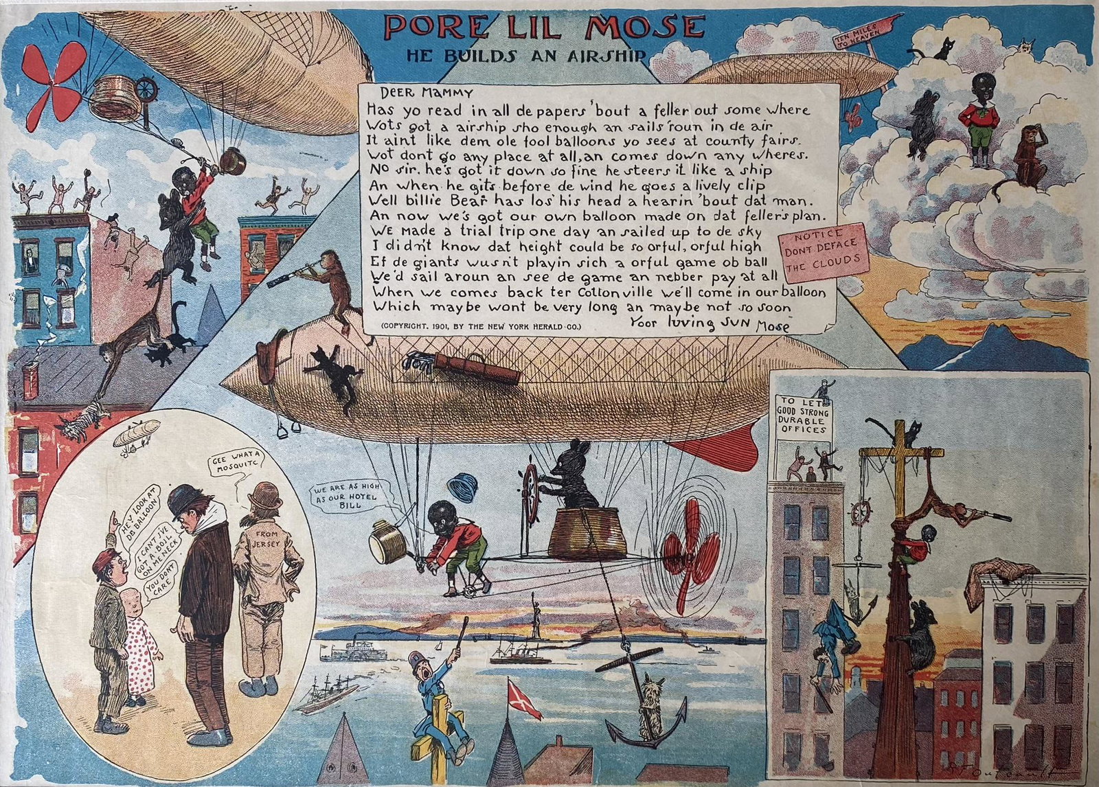 BLACK AMERICANA - PORE LIL MOSE: HE BUILDS AN AIRSIHP" COMIC STRIP, RICHARD F. OUTCAULT CREATION, C.1900, NEW YORK HERALD. ON MAT BOARD. IMAGE 10.5"X14.5