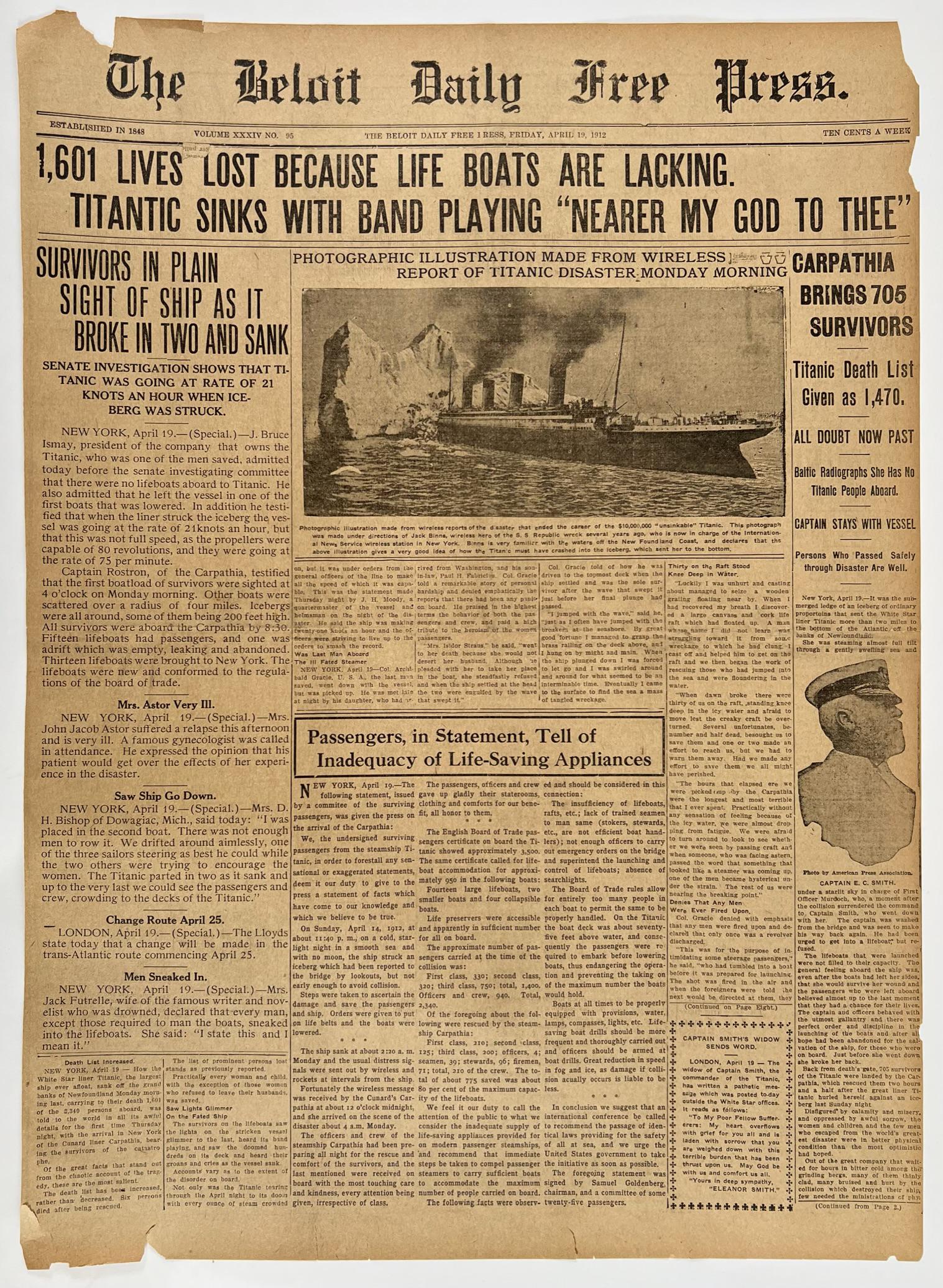 1912 NEWSPAPER HEADLINE - TITANIC SINKS: ORIGINAL. APRIL 19, 1912. 1,601 LIVES LOST BECAUSE LIFE BOATS ARE LACKING. TITANIC SINKS WITH BAND PLAYING "NEARER MY GOD TO THEE". THE BELOIT DAILY FREE PRESS, WISCONSIN. INCLUDES PAGES 1 AND 2