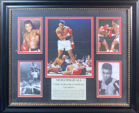 BOXING - MUHAMMED ALI AUTOGRAPH: AUTOGRAPHED BY MUHAMMED ALI ACROSS CHEST IN CENTER PHOTO. PROFESSIONALLY FRAMED PHOTO MONTAGE OF ALI AMONG HIS BOXING EXPLOITS. CERTIFICATION STICKER BY CLM. THIS ITEM IS SOLD AS-IS WITHOUT WARRANTY.