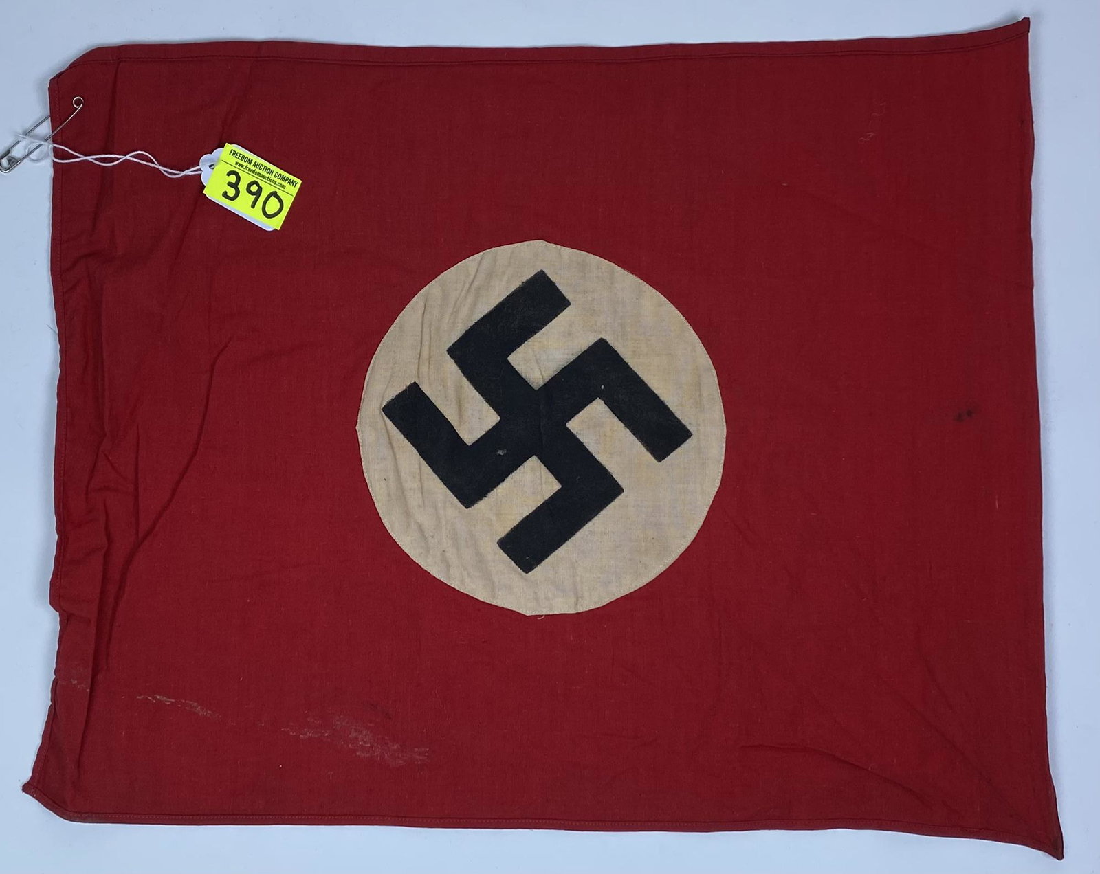 GERMAN THIRD REICH FLAG: WWII GERMAN NAZI ERA FLAG, DOUBLE SIDED, SEWN ON SILK SCREEN SWASTIKA, SIGNS OF TACKING, FINISHED AND SEAMED ON THE SIDES. UNUSUAL TO FIND IN THIS SIZE. 15"X17"