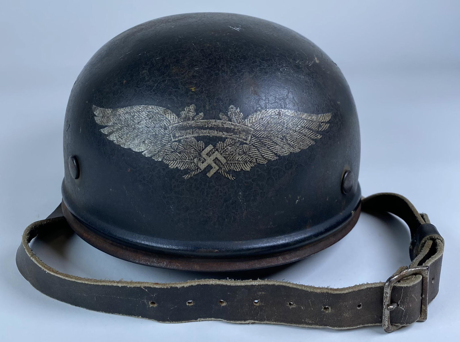 WWII GERMAN NAZI ERA LUFTSCHUTZ HELMET: MIMICKING A LUFTWAFFE PARATROOPER HELMET, GLADIATOR SKIRT REMOVED, SIZE 56 LINER HAS 9 TONGUES AND INTEGRAL CHINSTRAP