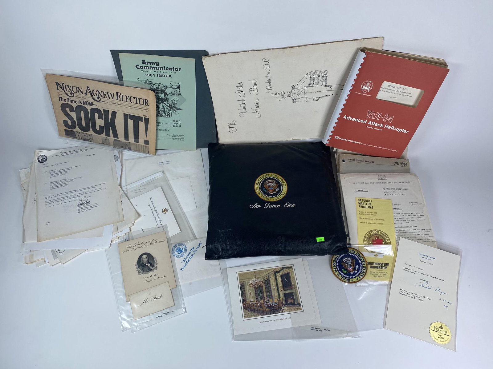 POLITICAL - MILITARY COLLECTION: COLLECTION OF ENGINEER RICHARD DELMAR INCLUDING MANUALS, CORRESPONDENCE, DEAN RUSK AUTOGRAPH, AIR FORCE ONE CUSHION C.1980'S.