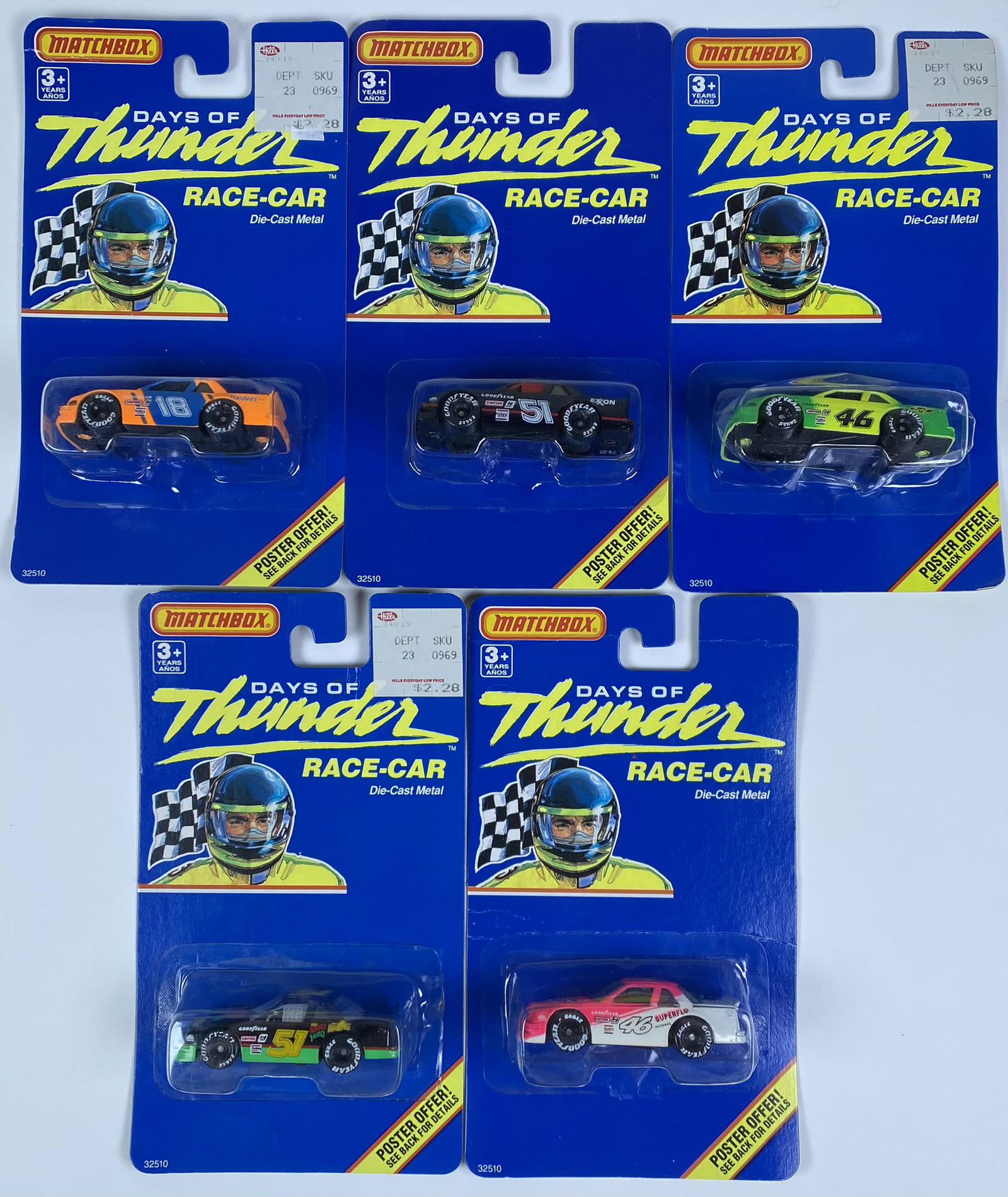 DAYS OF THUNDER MATCHBOX SET: SET OF FIVE TOM CRUISE DAYS OF THUNDER MOVIE TOYS. RACE CARS SEALED ON SHELF WORN CARDS.