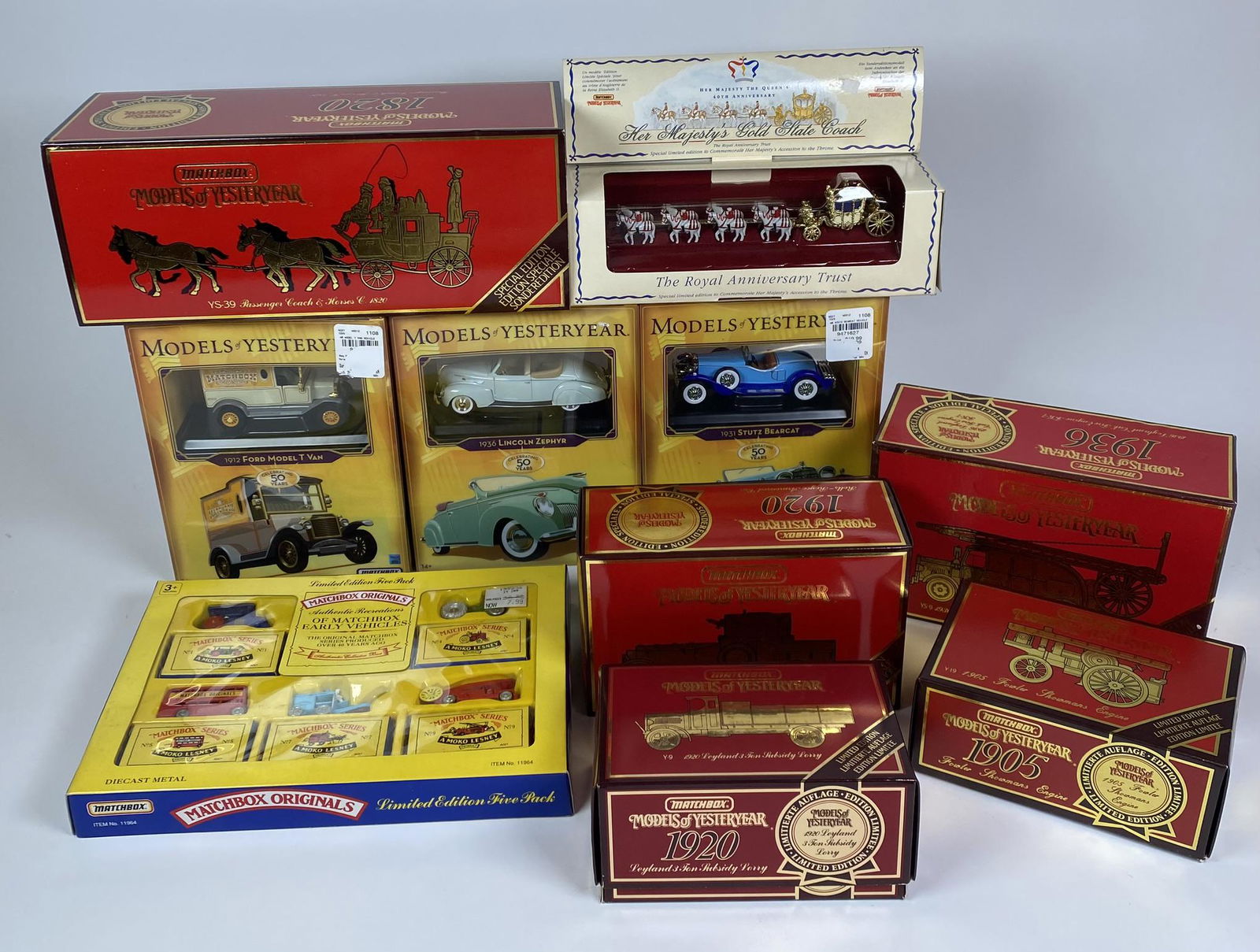 MATCHBOX AND MODELS OF YESTERYEAR: MATCHBOX EARLY VEHICLES AND MODELS OF YESTERYEAR. MOST MINT UNPLAYED WITH. BOXED LOT OF TEN. LARGEST BOX 12" LONG.
