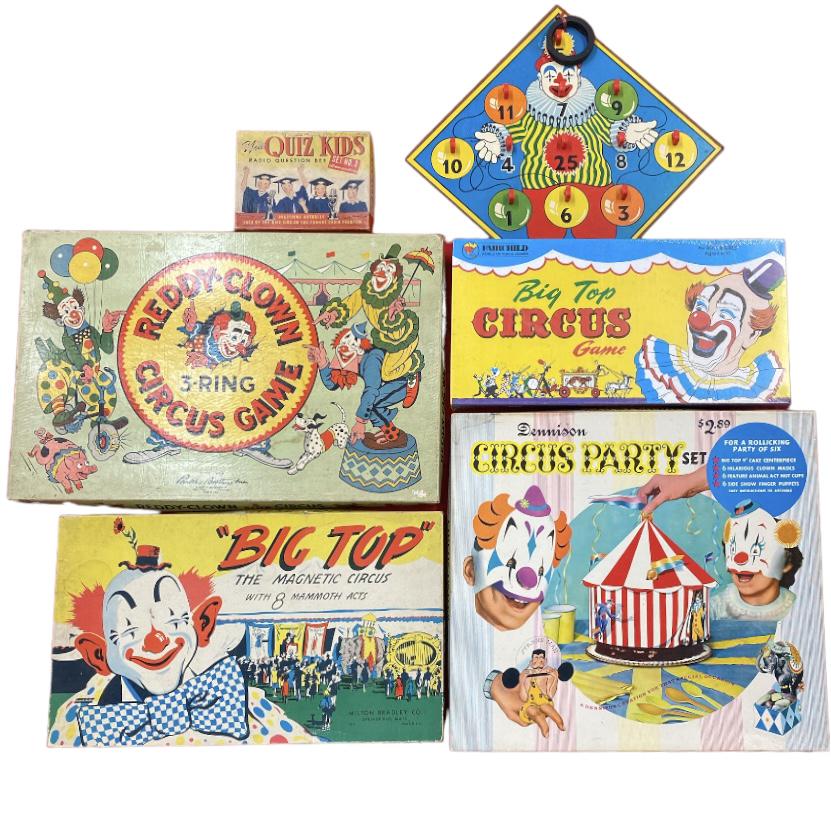 CLOWN THEME BOARD GAMES: SIX CLOWN THEME BOARD GAMES INCLUDING PARKER BROTHERS REDDY-CLOWN, BOG TOP BY MILTON BRADLEY, AND A CIRCUS PARTY SET.