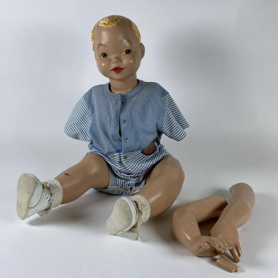 BOY MANNEQUIN WITH OUTFIT: BOY MANNEQUIN WITH OUTFIT C.1960. WITH OUTFIT. TWO BROKEN FINGERS AND LOOSE ARM JOINT.
