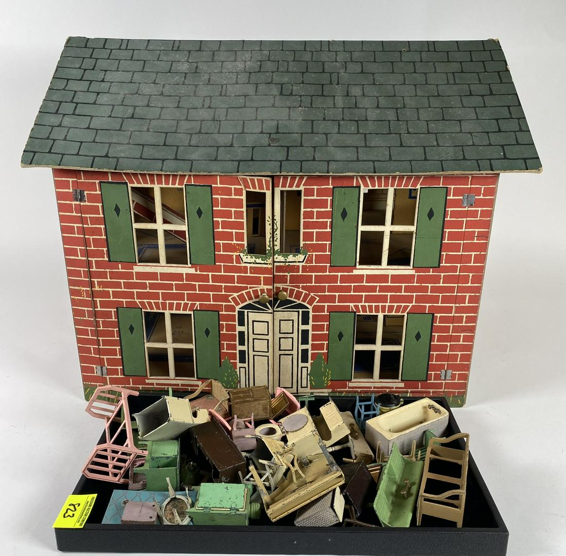 TOOTSIETOY DOLL HOUSE AND FURNITURE SET.: DOLL HOUSE AND TOOTSIETOYS FURNITURE SET. ACCESSORIES INCLUDING PIANO AS SHOWN. CARDBOARD 20X15 HOUSE, BUILT. C. 1920'S