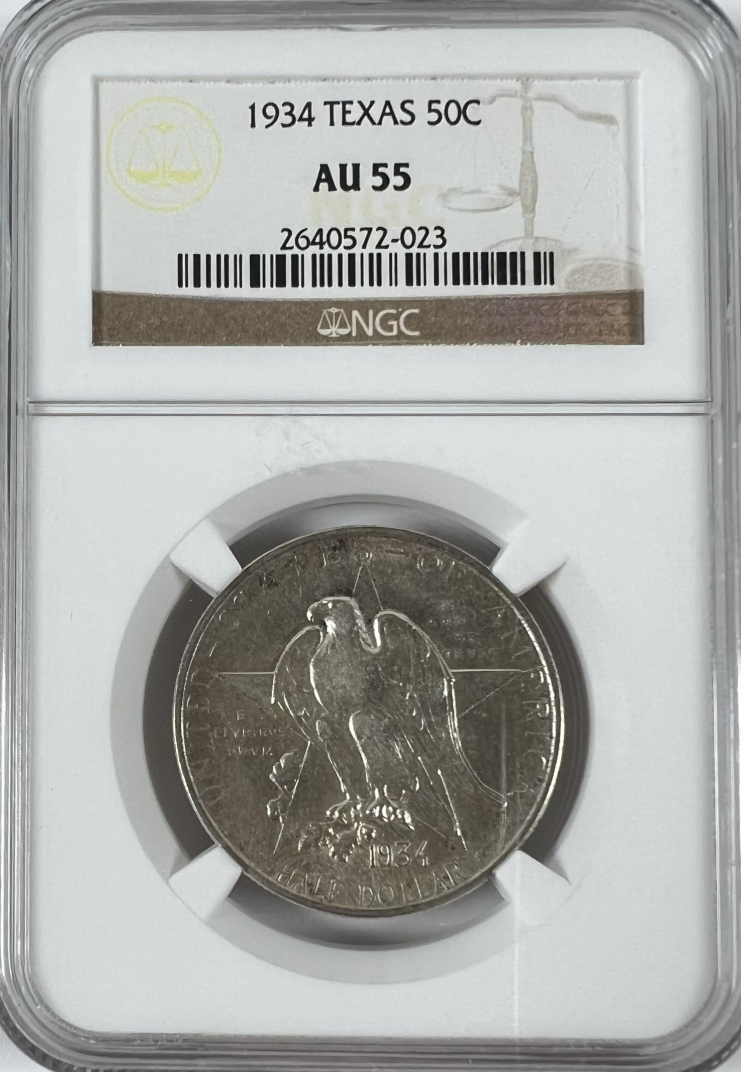 1934 TEXAS COMMEMORATIVE: CLASSIC COMMEMORATIVE HALF DOLLAR COIN - TEXAS INDEPENDENCE CENTENNIAL. AU55 BY NGC