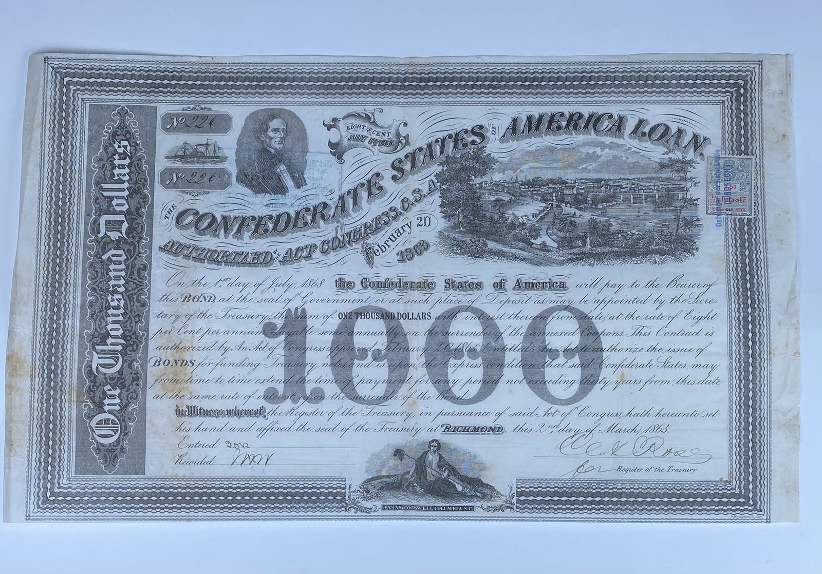 1864 CONFEDERATE $1,000 BOND SCRIP: SEE TITLE