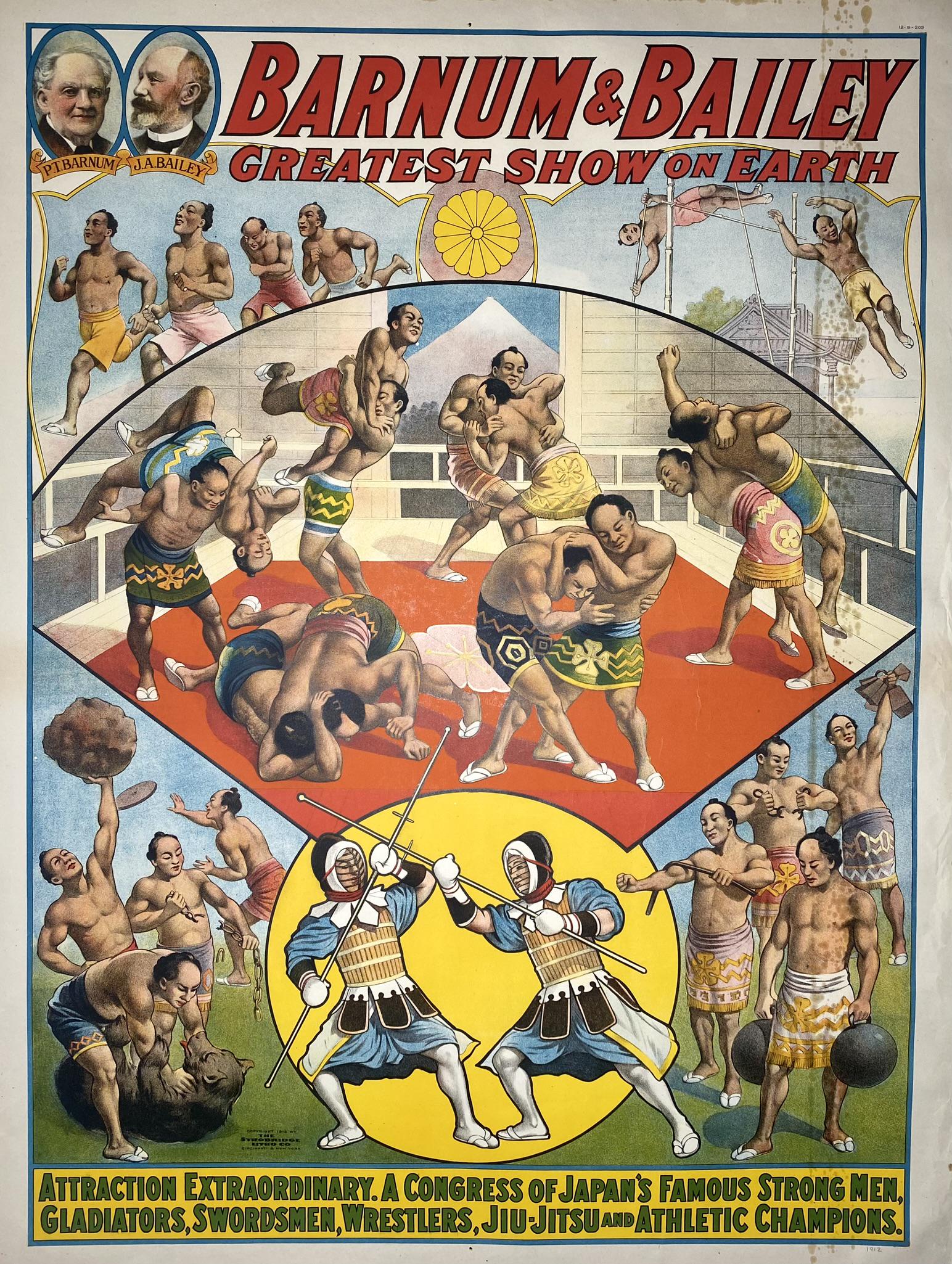 BARNUM & BAILEY CIRCUS POSTER: ONE SHEET, STROBRIDGE LITHO, 1912. FEATURING A CONGRESS OF JAPAN'S FAMOUS STRONG MEN, GLADIATORS, SWORDSMEN, WRESTLERS, JIU-JITSU AND ATHLETIC CHAMPIONS. UMMOUNTED, STAINING AT MARGINS AND IN RIGHT FI
