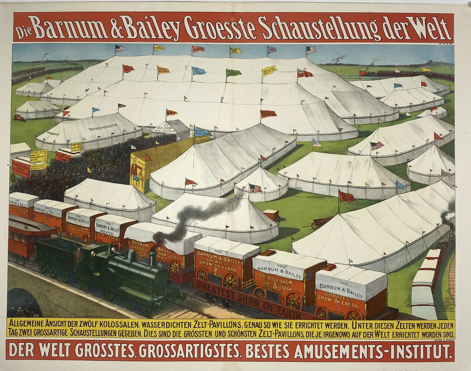 BARNUM & BAILEY CIRCUS POSTER: ONE SHEET, STROBRIDGE LITHO, 1899. A MAGIFICENT POSTER SHOWING AN AERIAL LOT SCENE, GERMAN. PROFESSIONALLY CONSERVED, ON LINEN. IMAGE 30"X40"