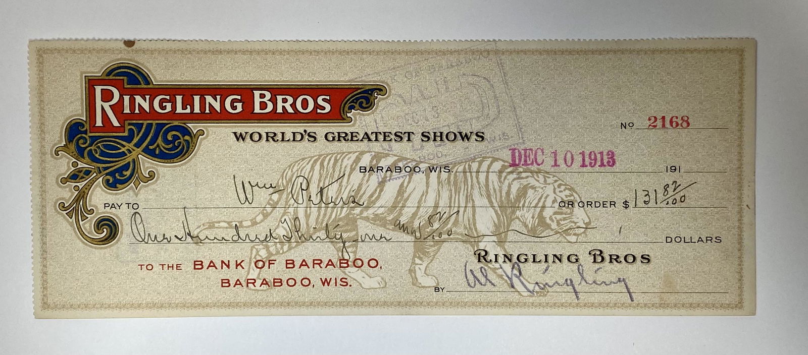 AL RINGLING SIGNED BANK CHECK (1 of 1)