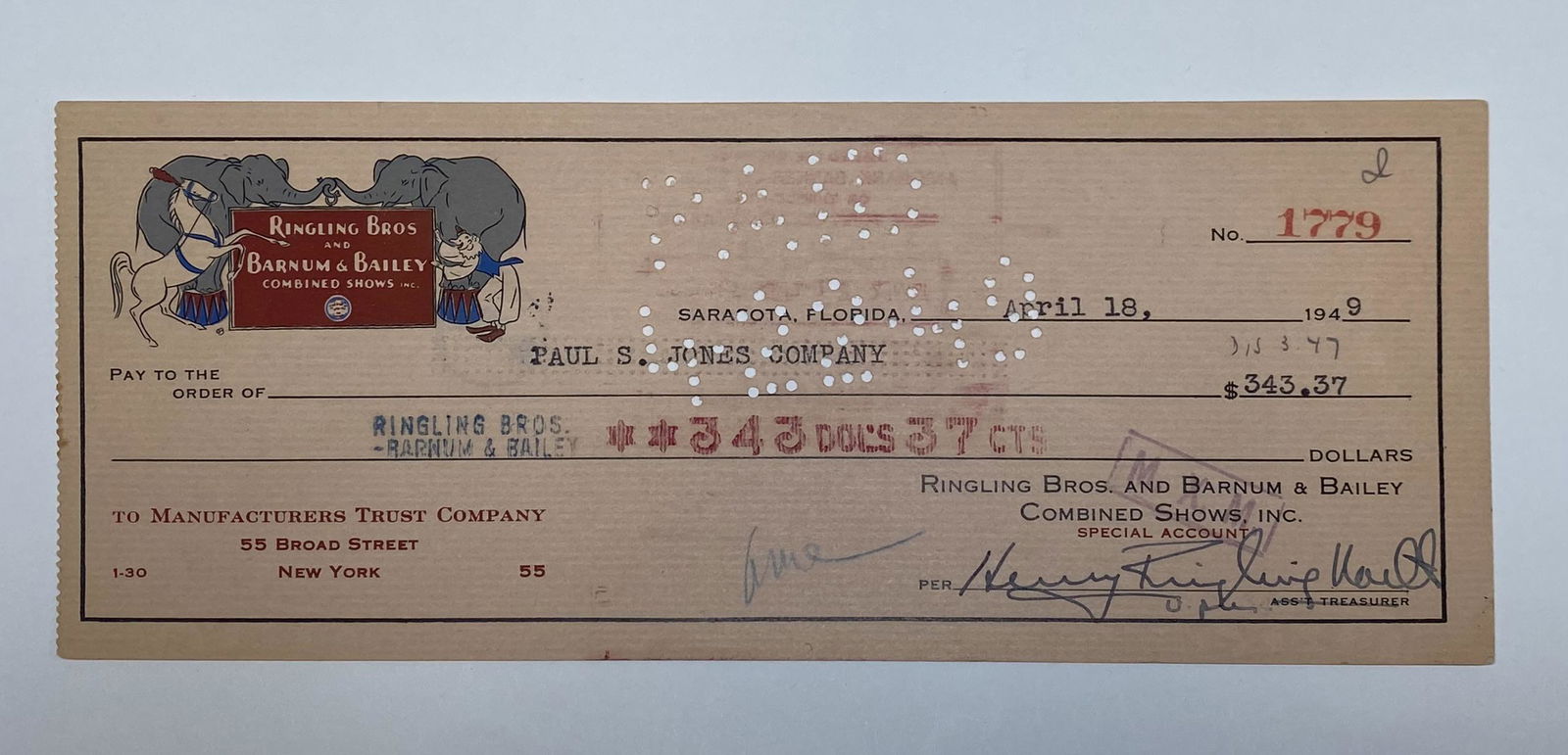 HENRY RINGLING NORTH SIGNED BANK CHECK (1 of 1)