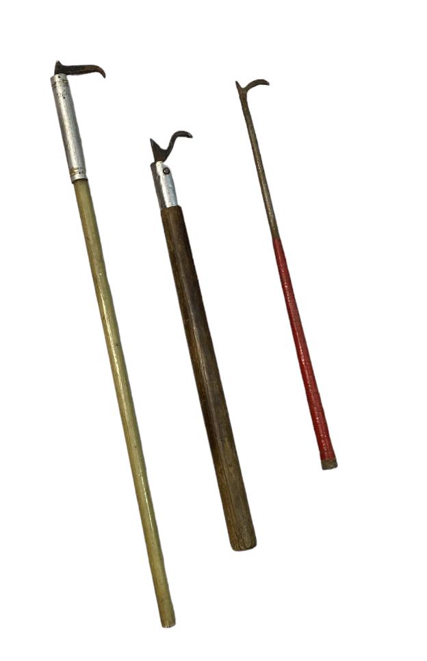 TRIO OF ELEPHANT BULL HOOKS: FROM THE RAY FAMILY CIRCUS, ROBERTS BROS., ROBERT G. EARL CIRCUS COLLECTION. LONGEST IS 32"