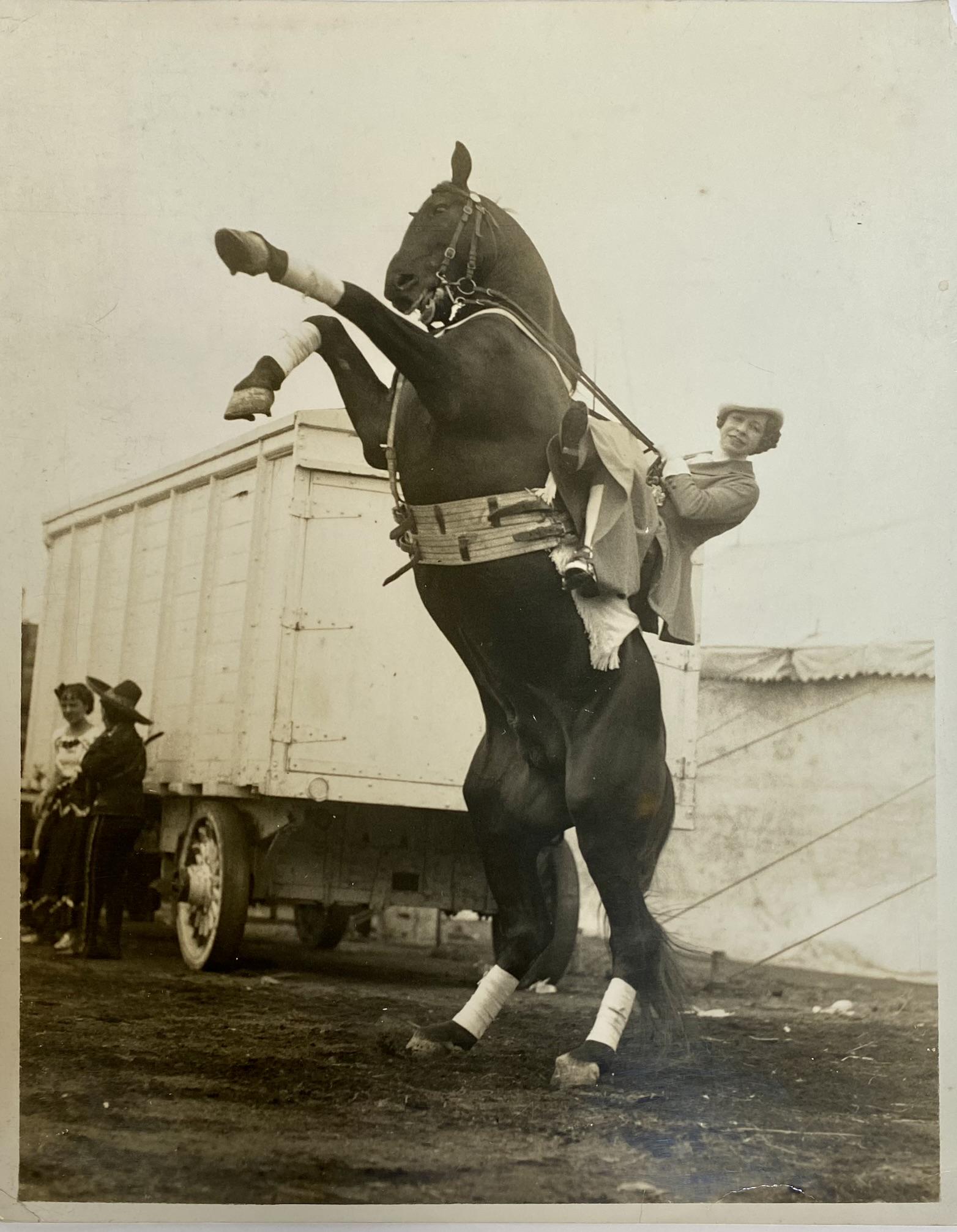 H.A. ATWELL PHOTOGRAPH OF HAZEL KING: PHOTOGRAPH BY H.A. ATWELL (AMERICAN, 1879-1957) OF HAZEL KING, EQUESTRIAN, 1920'S. SILVER PRINT, STAMP ON VERSO. 13.5"X10.5"