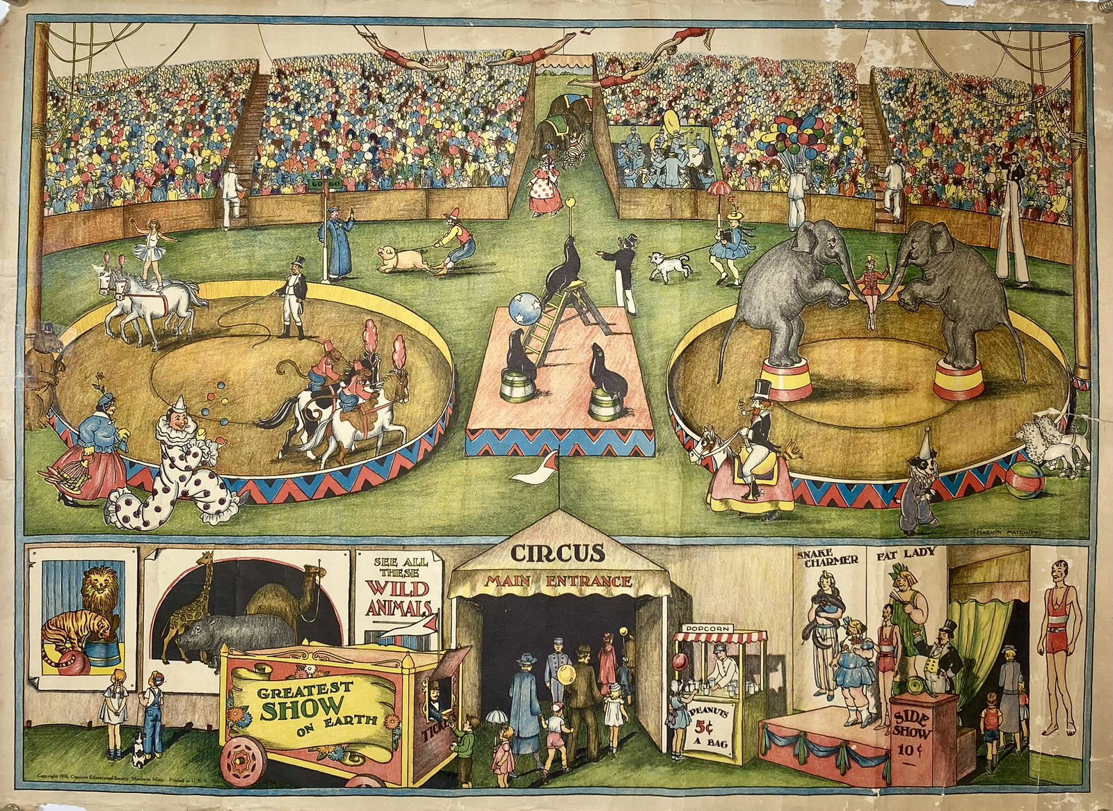 1936 CREATIVE EDUCATION SOCIETY CIRCUS POSTER: HALF SHEET, UNMOUNTED, LOSS AT BORDER, LOSS OF MATERIAL THROUGHOUT FIELD. 21"X29"