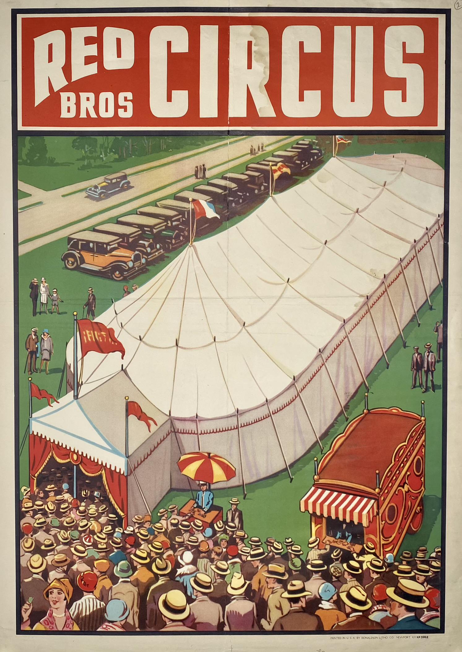 REO BROS. CIRCUS POSTER: HALF SHEET, DONALDSON LITHO, 1937. FEATURING A GRAND ENTRANCE TO THE BIG TOP TENT. UNMOUNTED, STANING, FOLDS. 20"X28"