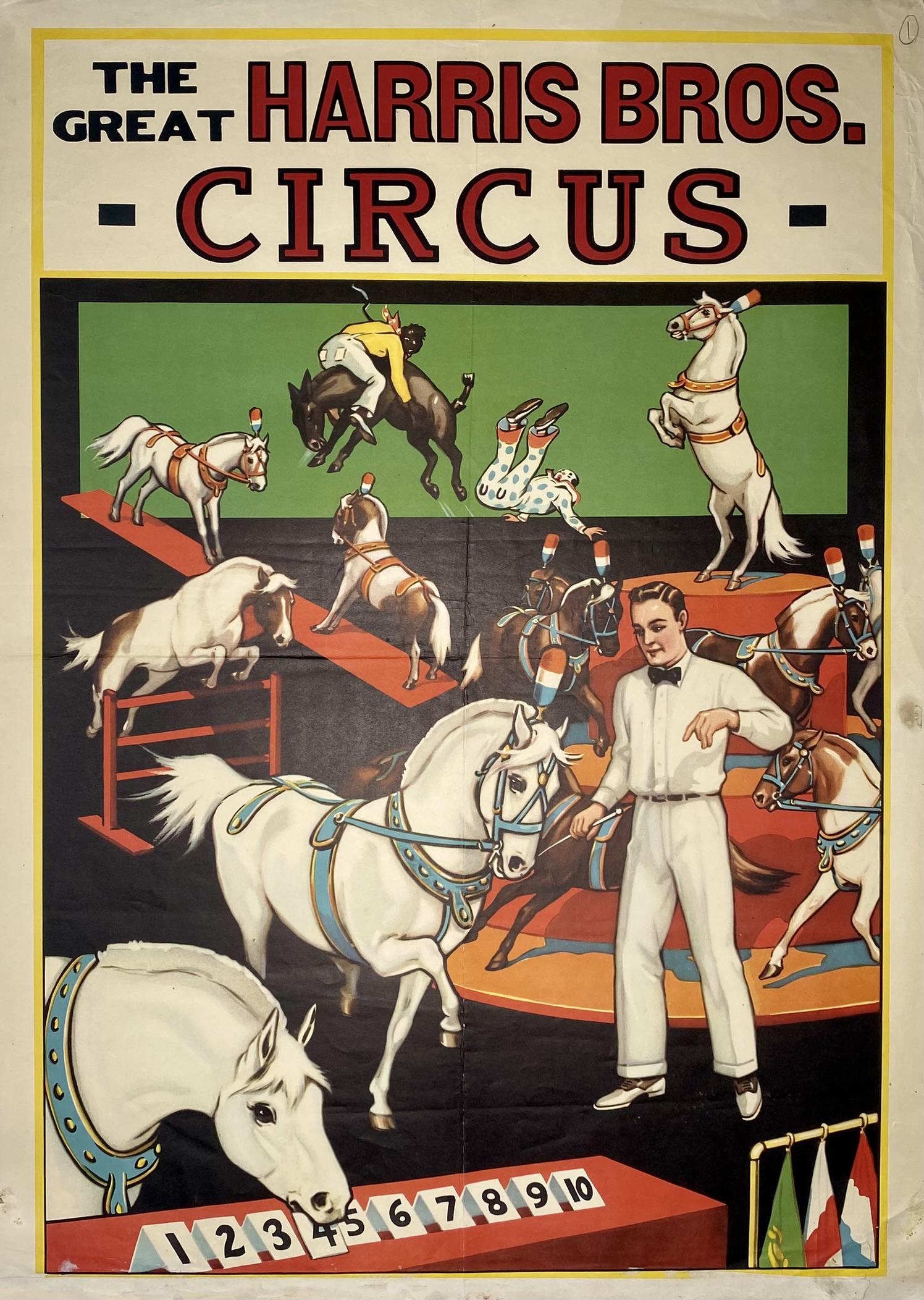 THE GREAT HARRIS BROS. CIRCUS POSTER: HALF SHEET, DONALDSON LITHO, 1938. UNMOUNTED, FOLDS, STAINING AT MARGINS, TAPE ON REVERSE. 20"X28"