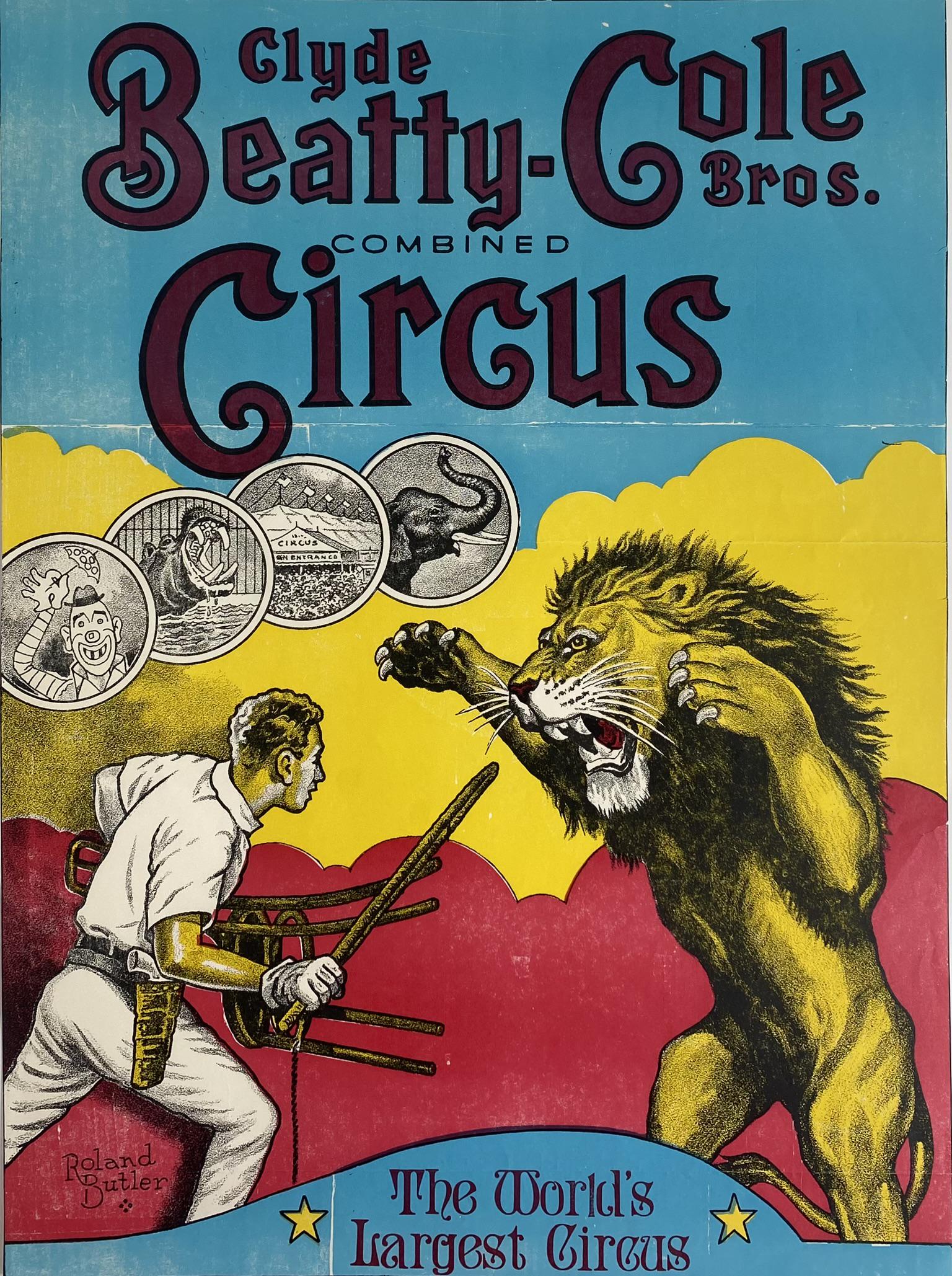 CLYDE BEATTY COLE BROS. CIRCUS POSTER: HALF SHEET FEATURING CLYDE BEATTY. UNMOUNTED, FOLDS, MARGINS TRIMMED. 19"X26"