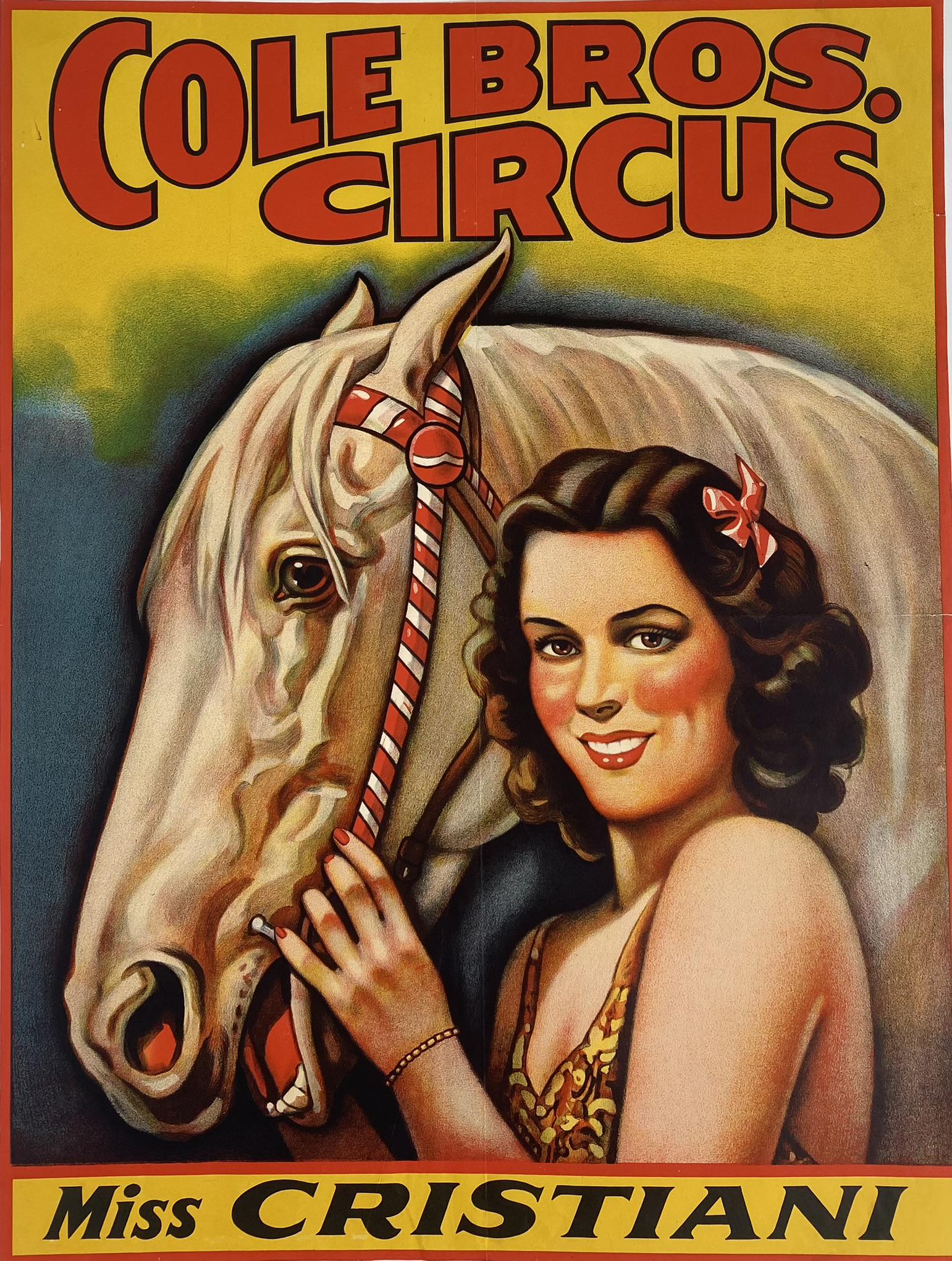 COLE BROS. CIRCUS POSTER: HALF SHEET FEATURING MISS CRISTIANI. UNMOUNTED, MARGINST TRIMMED, FOLDS. 19"X25