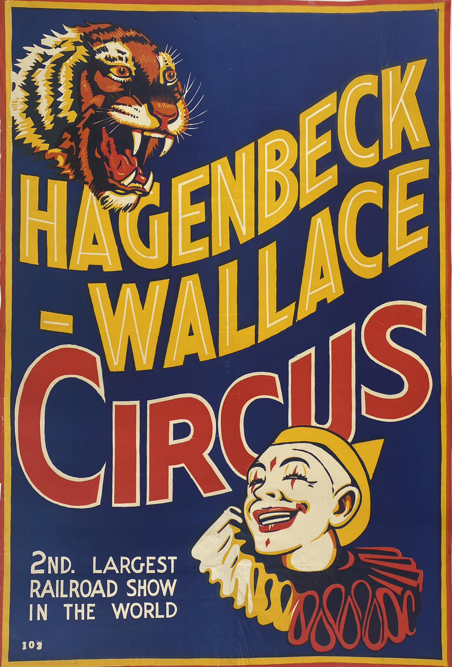 HAGENBECK WALLACE CIRCUS POSTER: AUTHENTIC, ONE SHEET, 1938. UNMOUNTED, TAPE ON REVERSE, FOLDS AS ISSUED, MARGINS TRIMMED. TED BOWMAN COLLECTION. 26.5"X39"