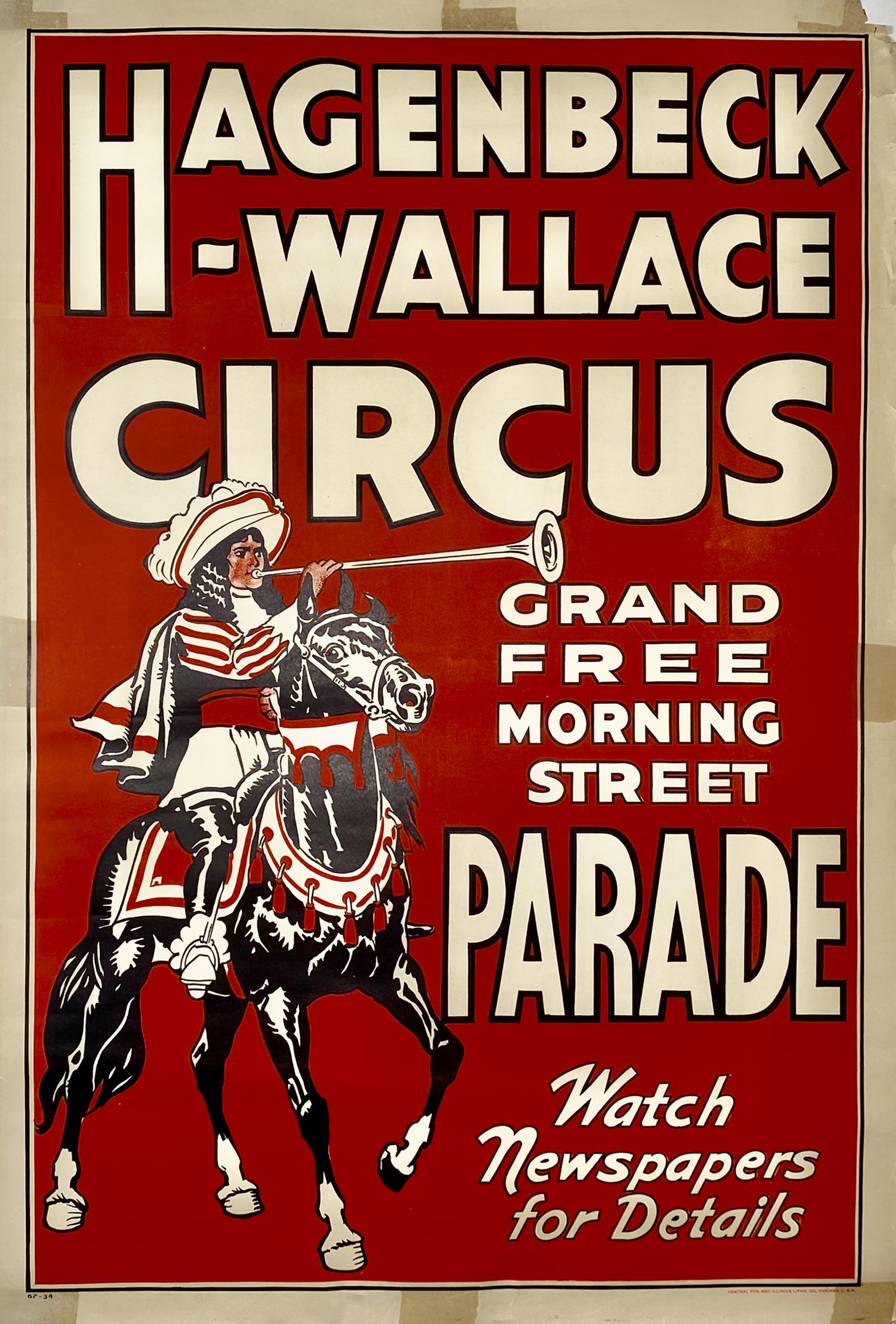 HAGENBECK WALLACE CIRCUS POSTER: ONE SHEET, 1934. CIRCUS PARADE. UNMOUNTED, LOSS AT CORNER, TAPE ON REVERSE. 28"X42"