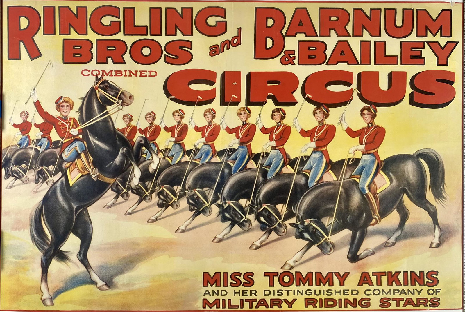 RINGLING BROS. BARNUM & BAILEY CIRCUS POSTER: AUTHENTIC, ONE SHEET. FEATURING MSS TOMMY ATKINS. UNMOUNTED, MARGINS TRIMMED, FOLDS. 26"X39"